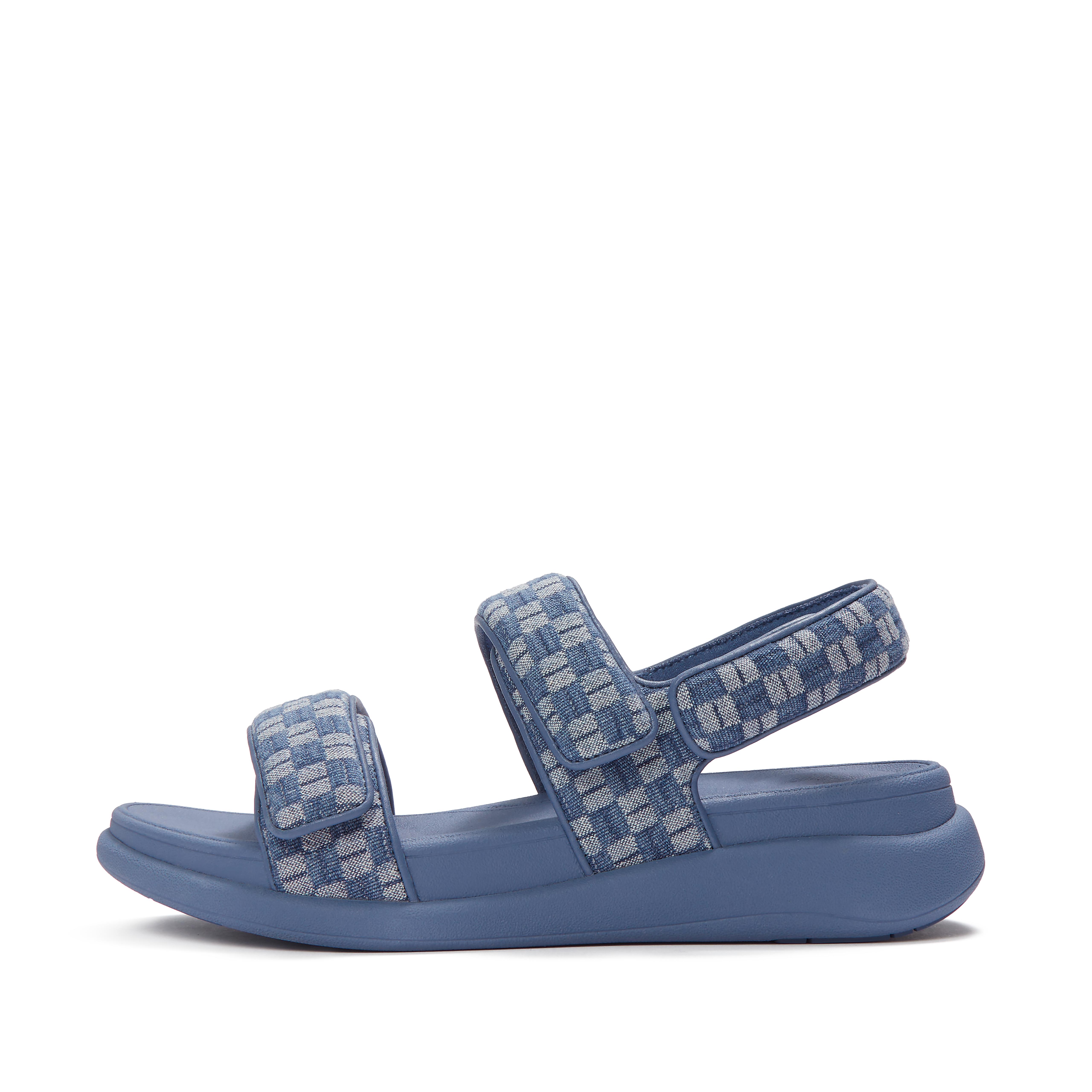 FitFlop F-MODE Go Adjustable Checkerboard-Denim Back-Strap Sandals Pu/Polyester, Full Price, Light Denim, Size: US 5