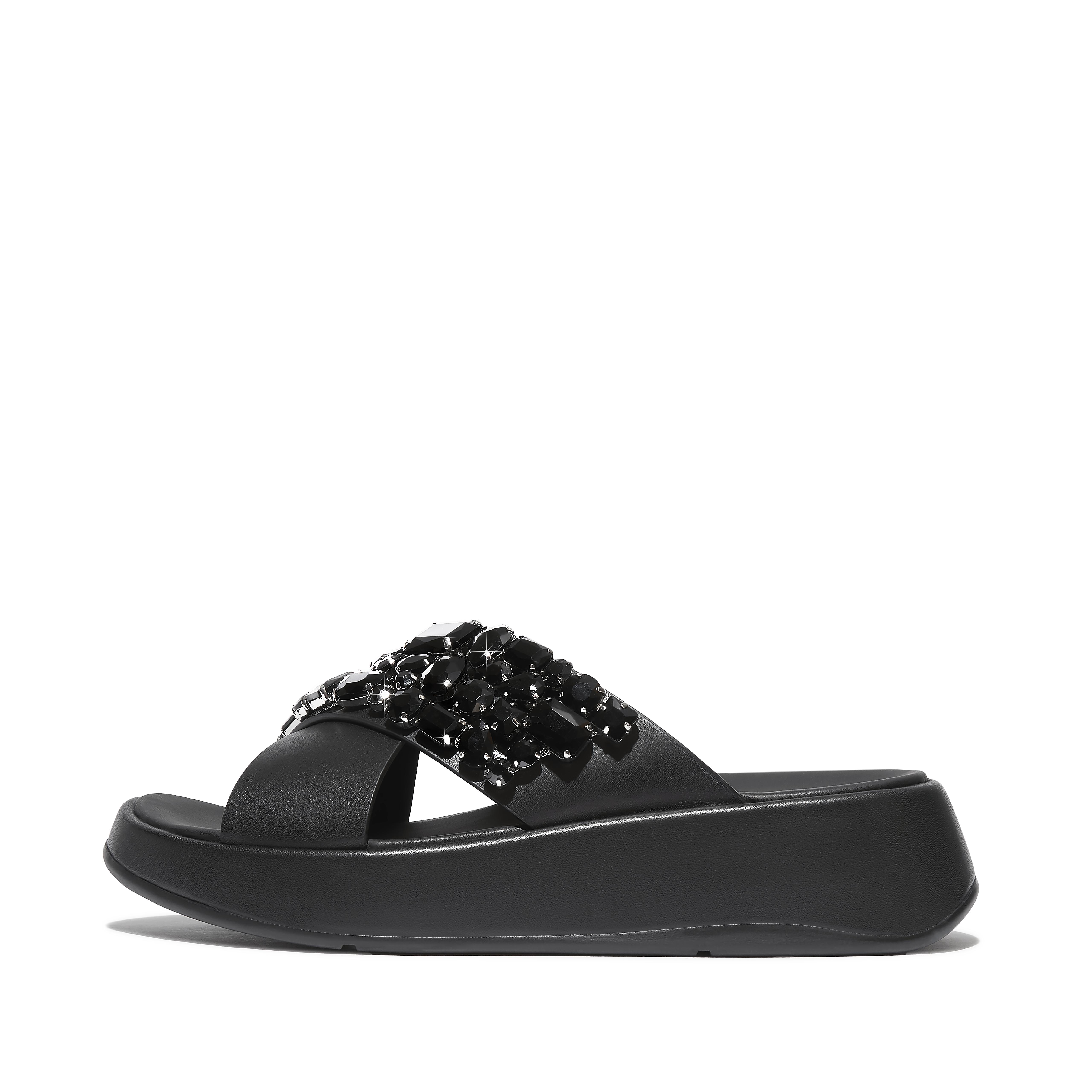 Women F-MODE Jewel-Deluxe Leather Flatform Cross Slides, Outlet