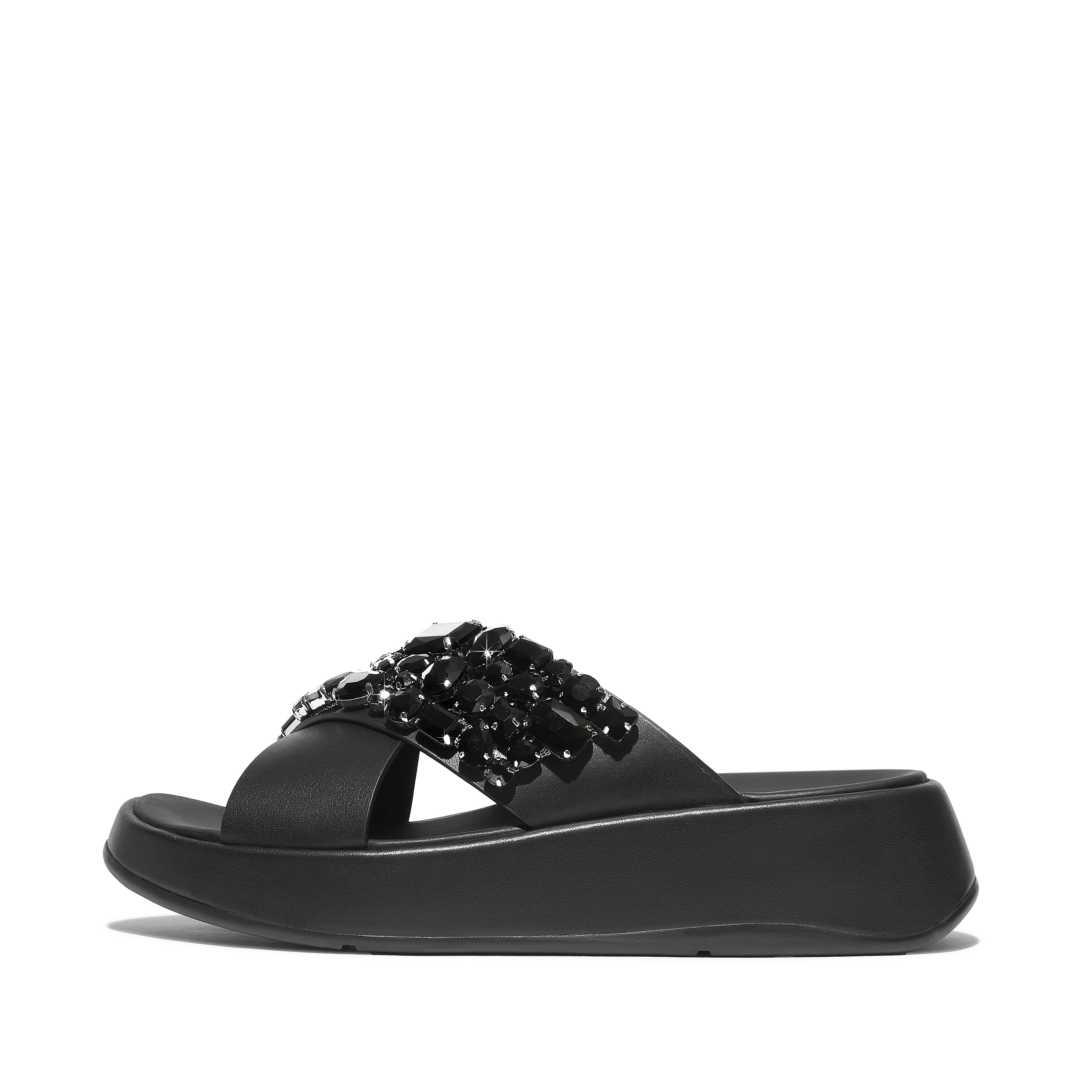 Fitflop Jewel-Deluxe Leather Flatform Cross Slides,Black