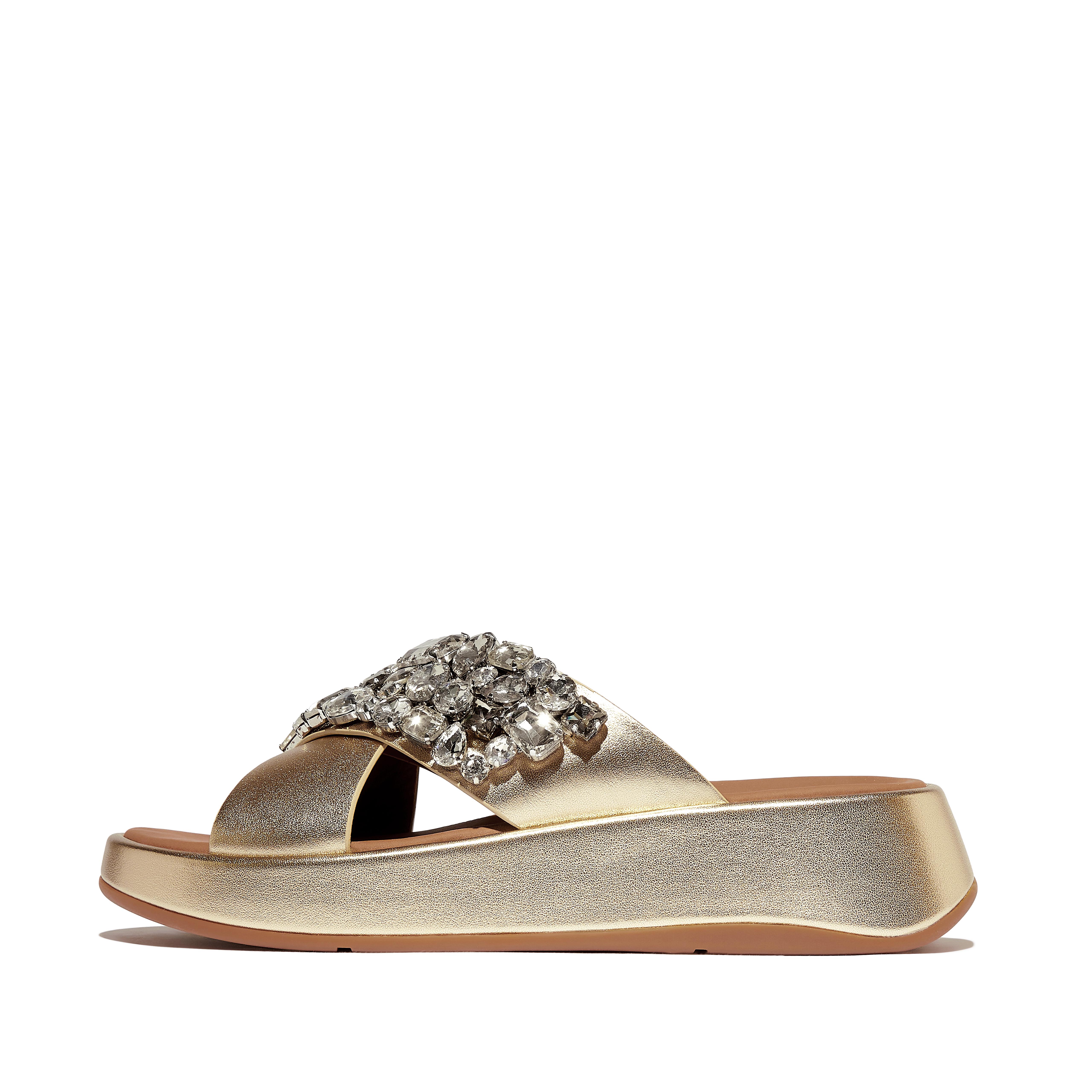Women F-MODE Jewel-Deluxe Metallic-Leather Flatform Cross Slides
