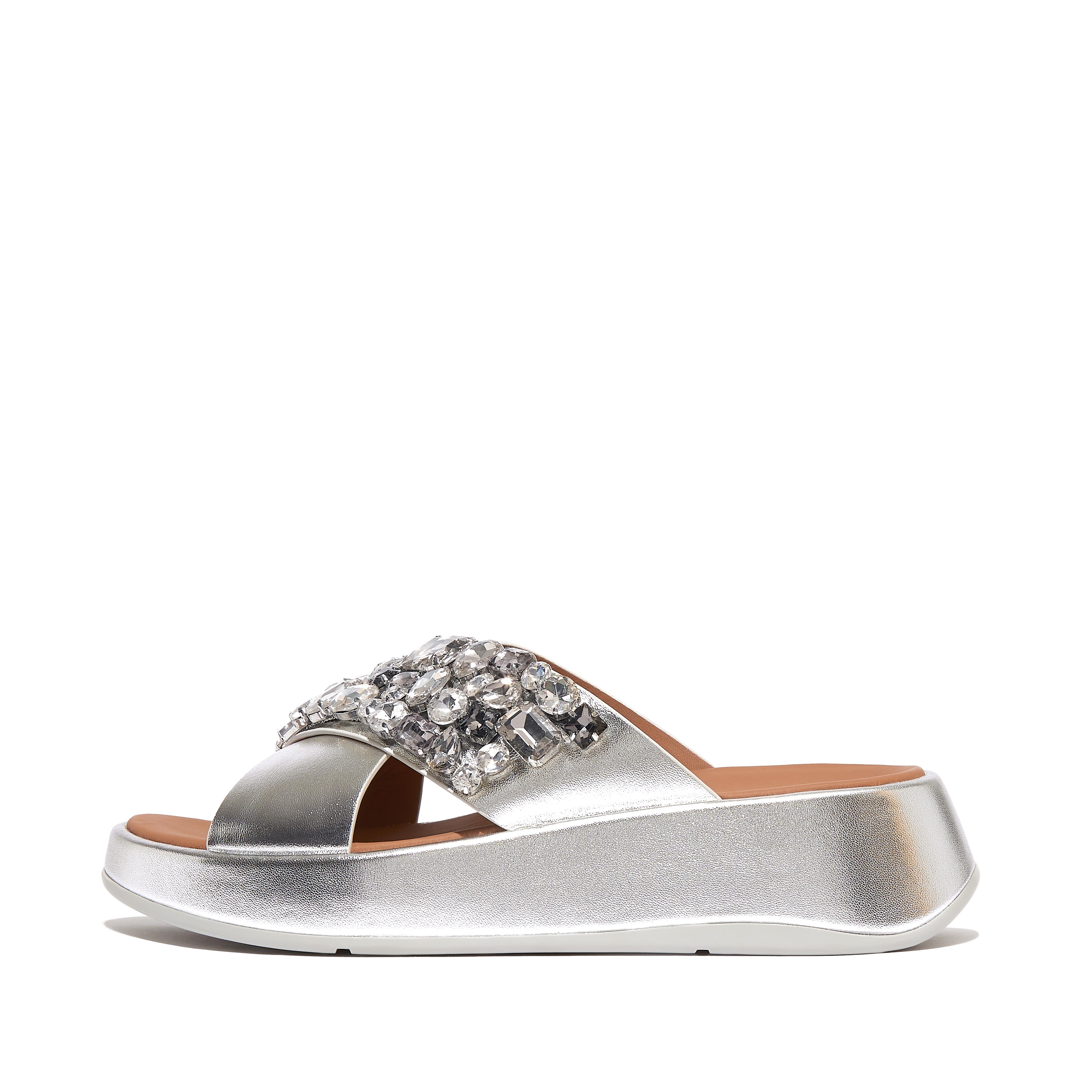 Fitflop Jewel-Deluxe Metallic-Leather Flatform Cross Slides,Silver