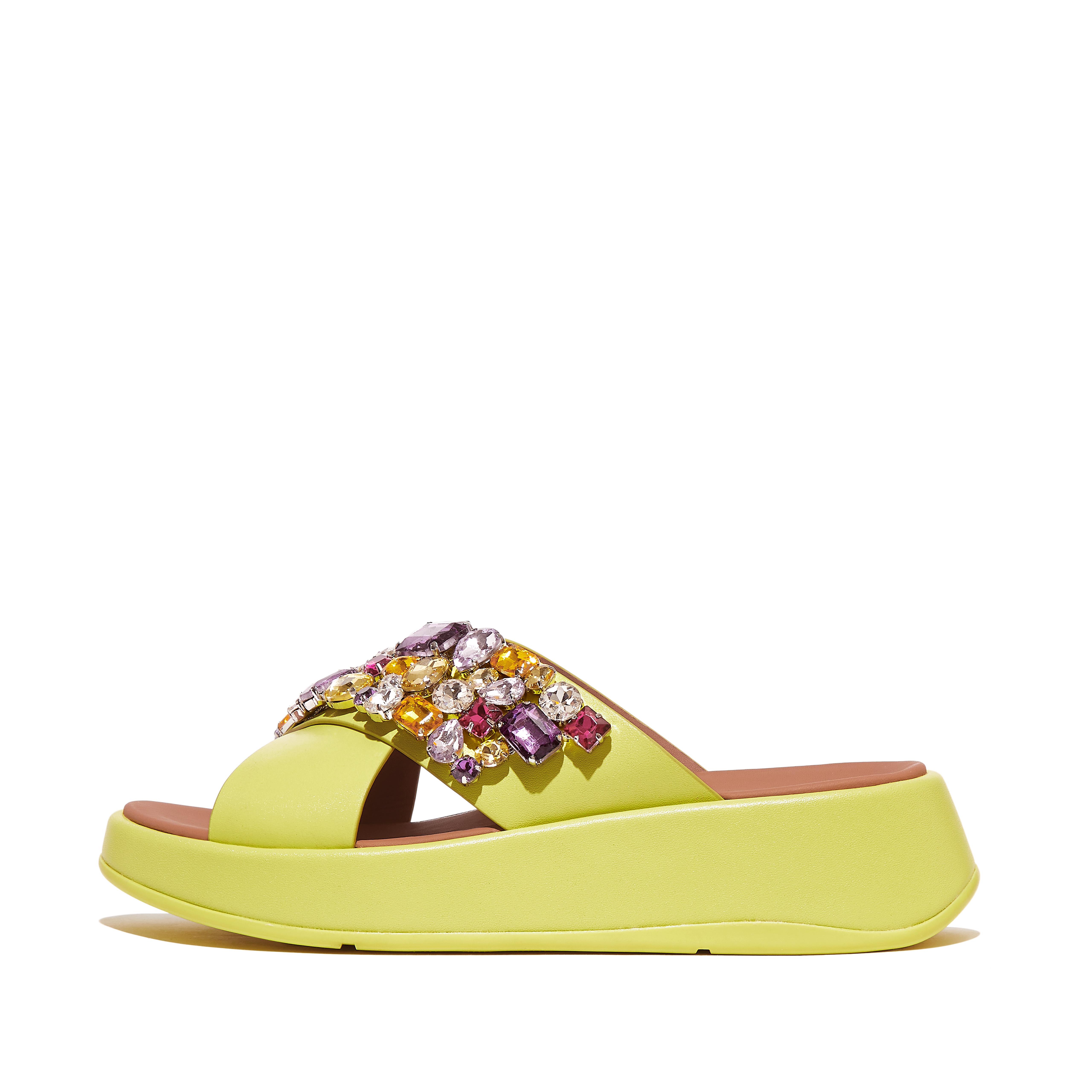 Fitflop Jewel-Deluxe Leather Flatform Cross Slides,Sunny Lime