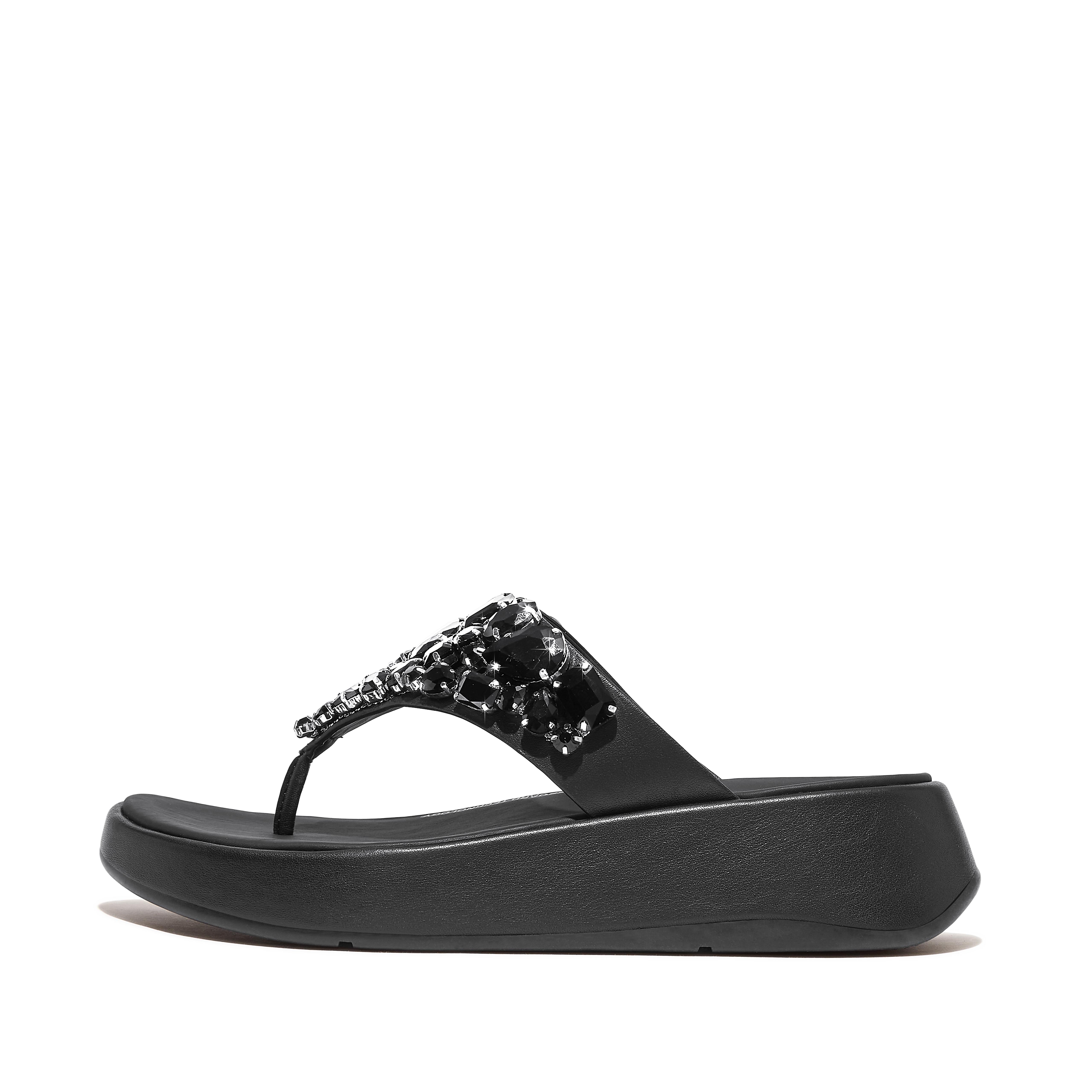 Fitflop Jewel-Deluxe Leather Flatform Toe-Post Sandals,Black