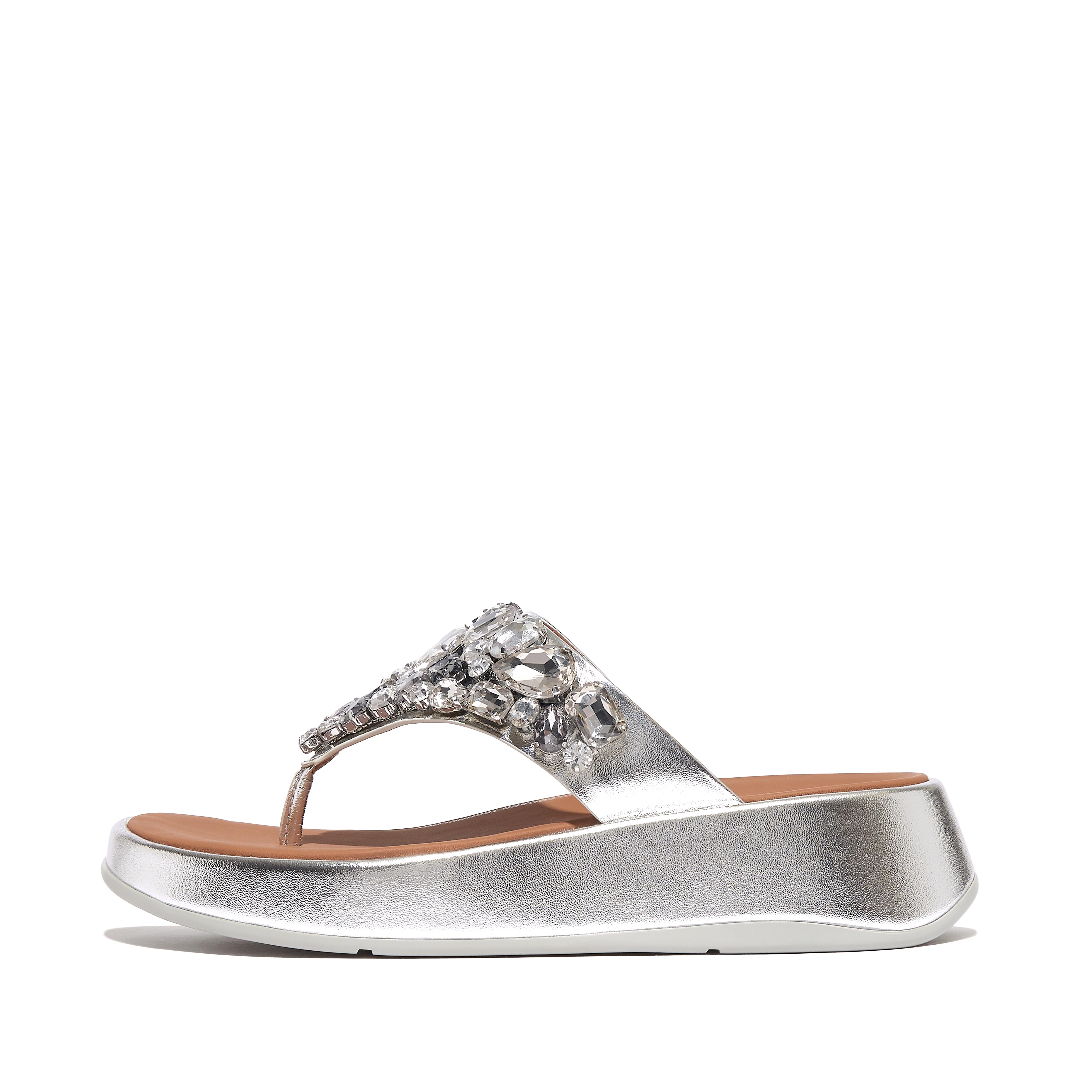 Fitflop Jewel-Deluxe Metallic-Leather Flatform Toe-Post Sandals,Silver