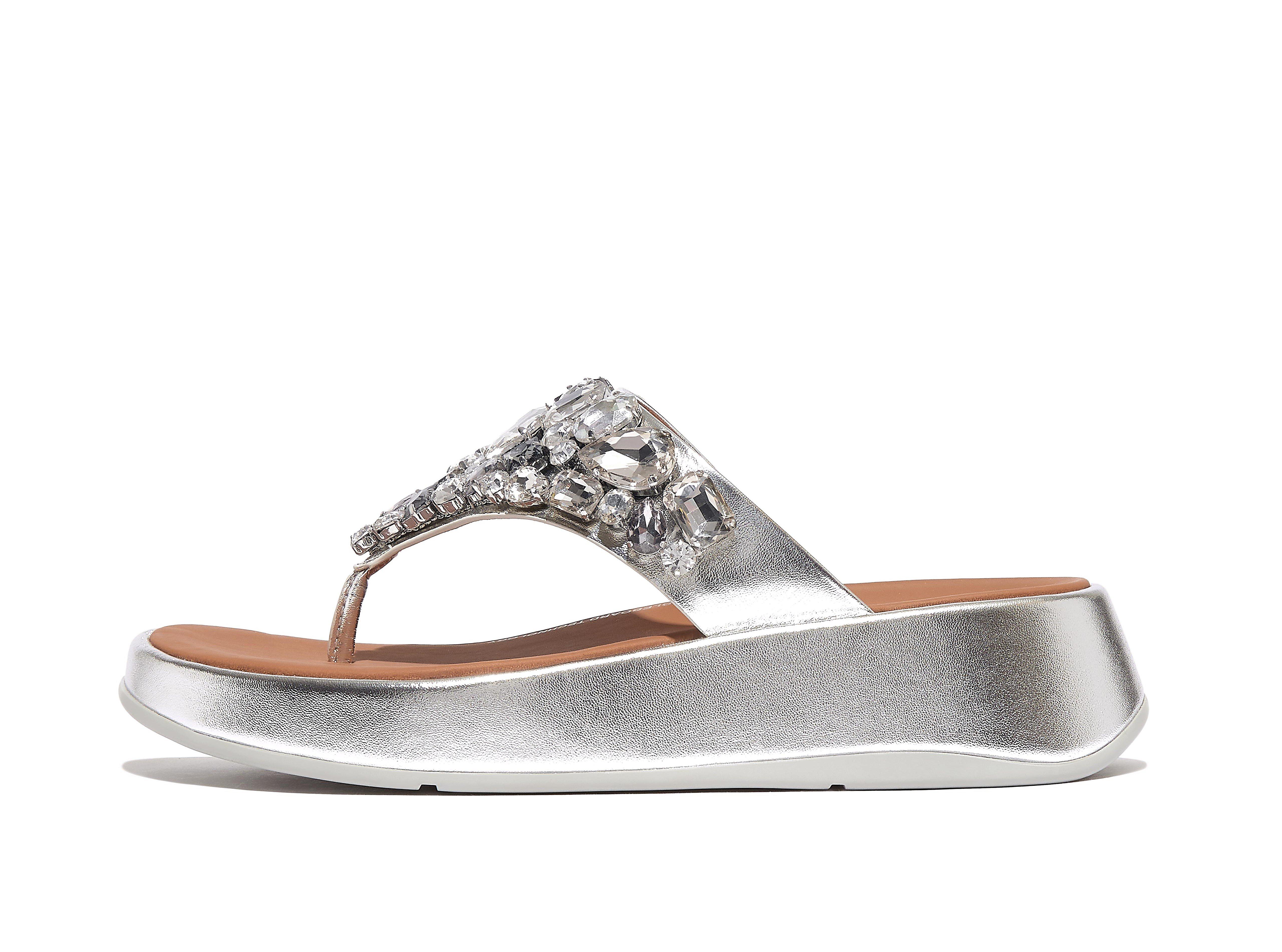 F-MODE Jewel-Deluxe Metallic-Leather Flatform Toe-Post Sandals - FitFlop EU