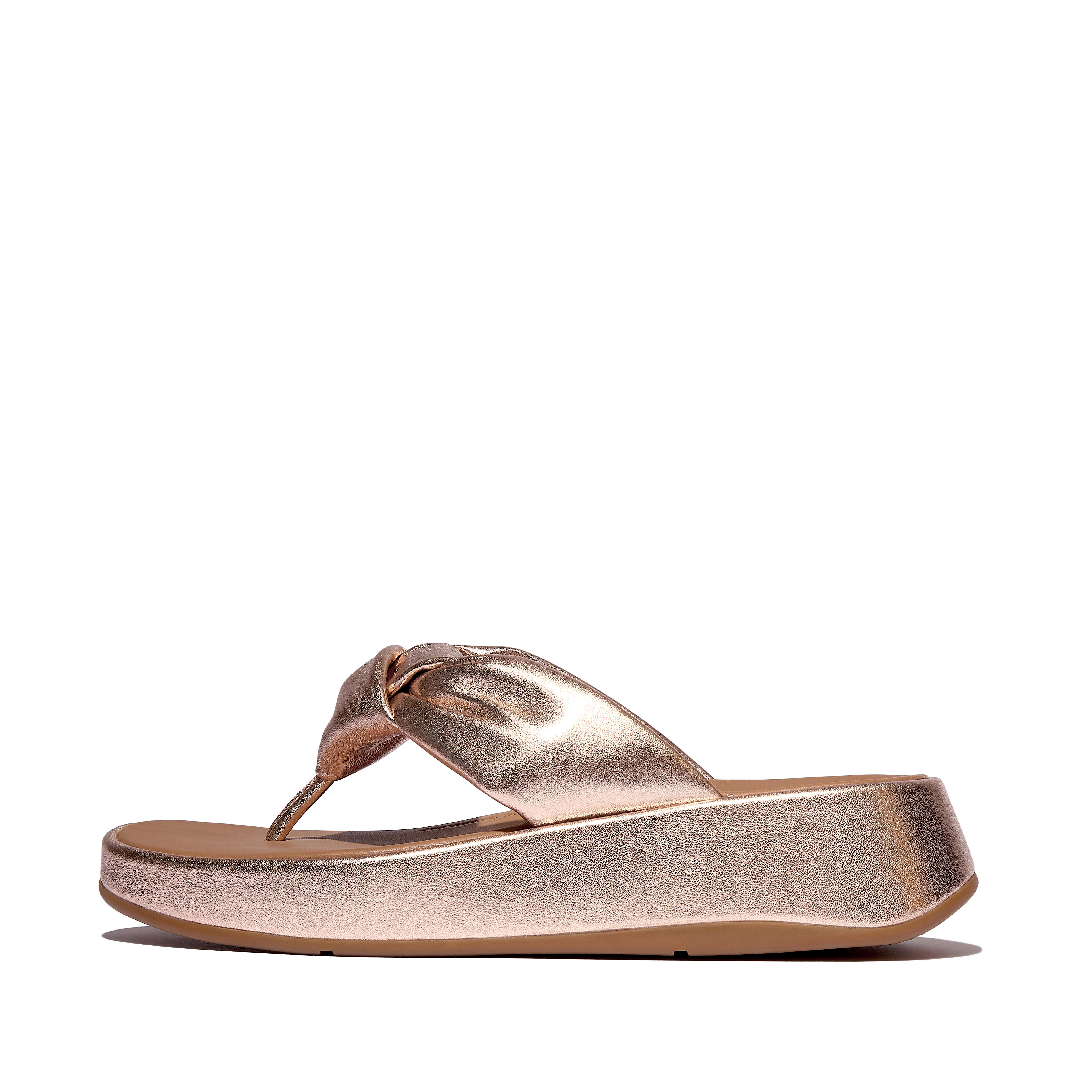 FitFlop F-MODE Knot Soft-Leather Flatform Toe-Post Sandals, Outlet, Rose Gold, Size: US 8