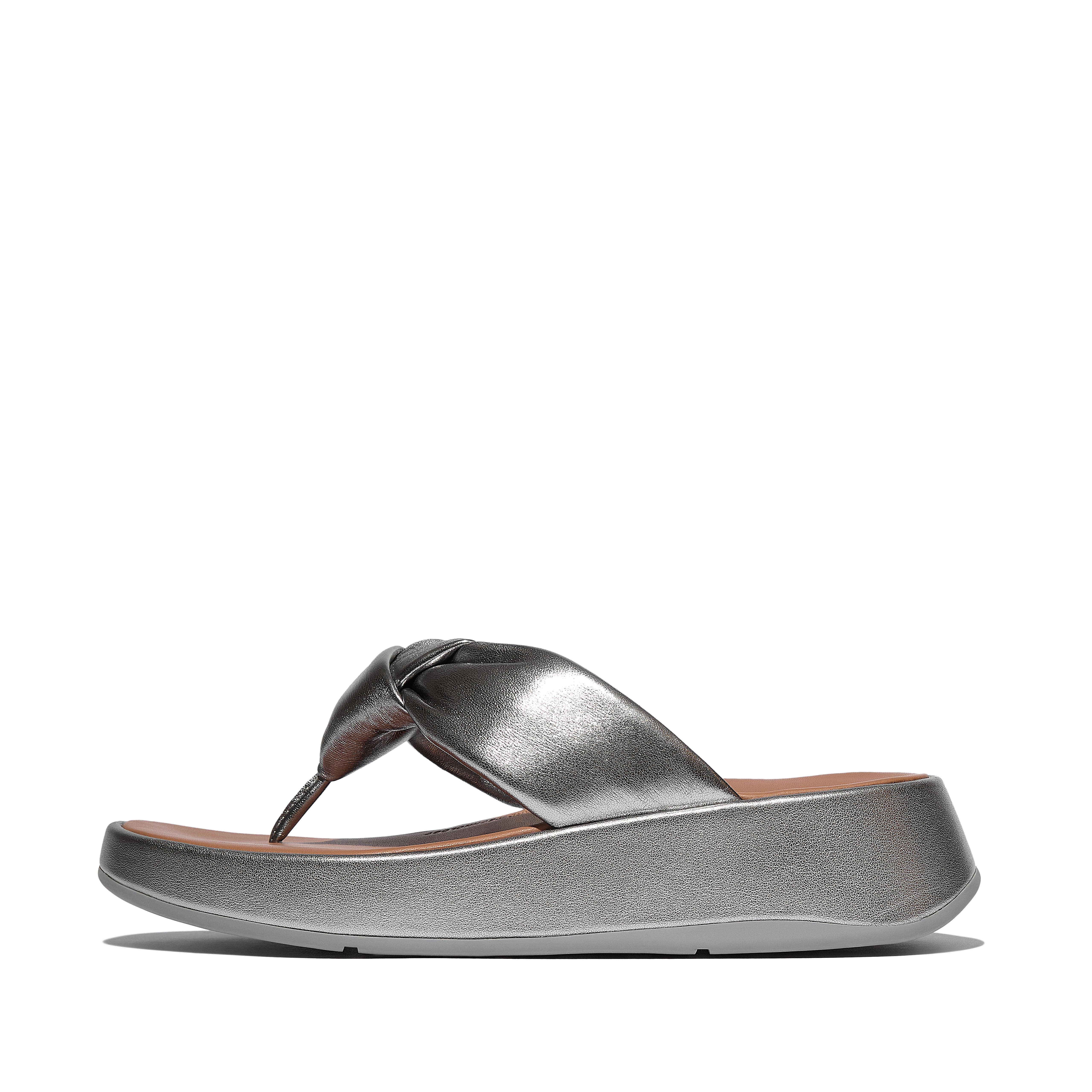 FitFlop F-MODE Knot Soft-Leather Flatform Toe-Post Sandals, Outlet, Silver, Size: US 10