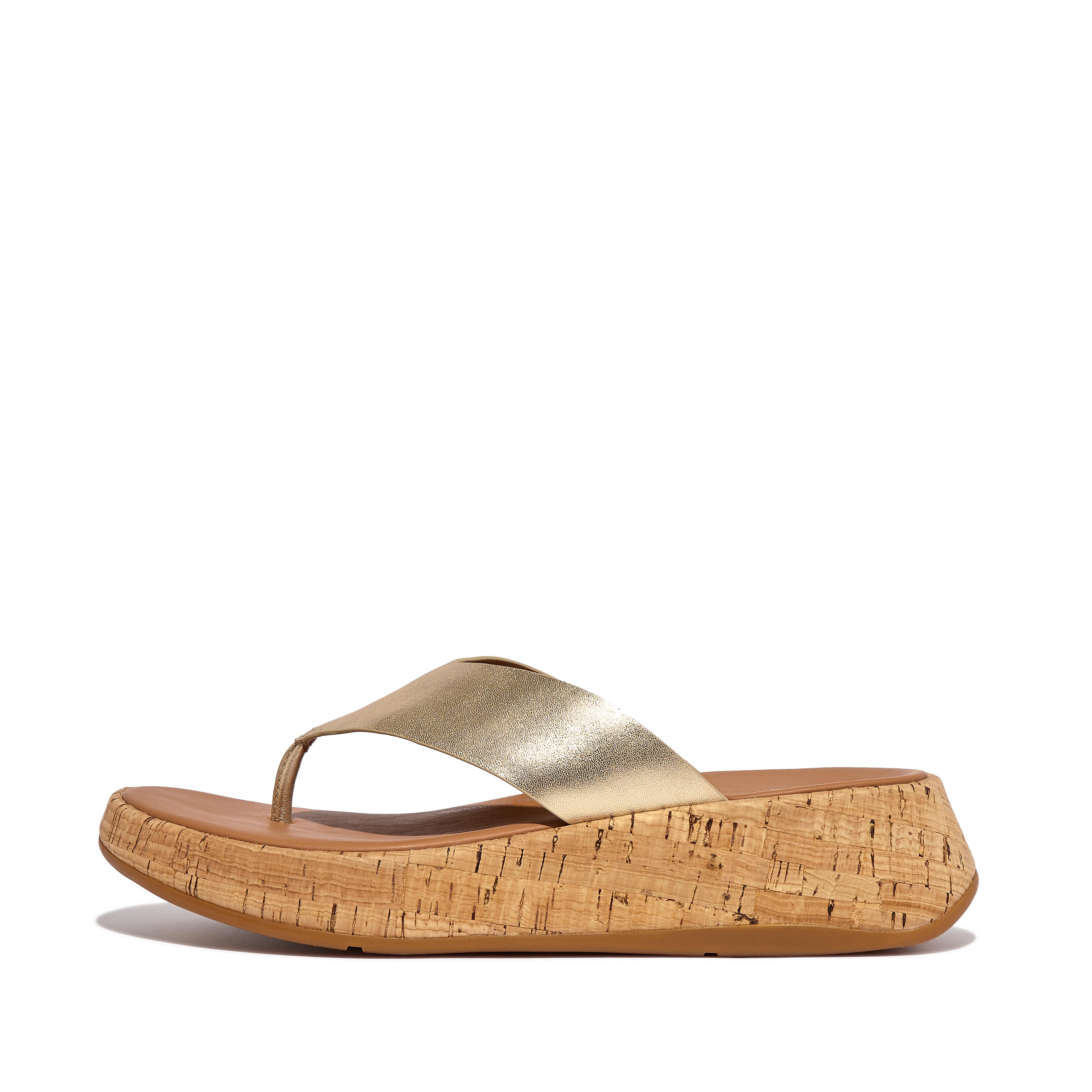 Women F-MODE Metallic Leather/Cork Flatform Toe-Post Sandals, Outlet
