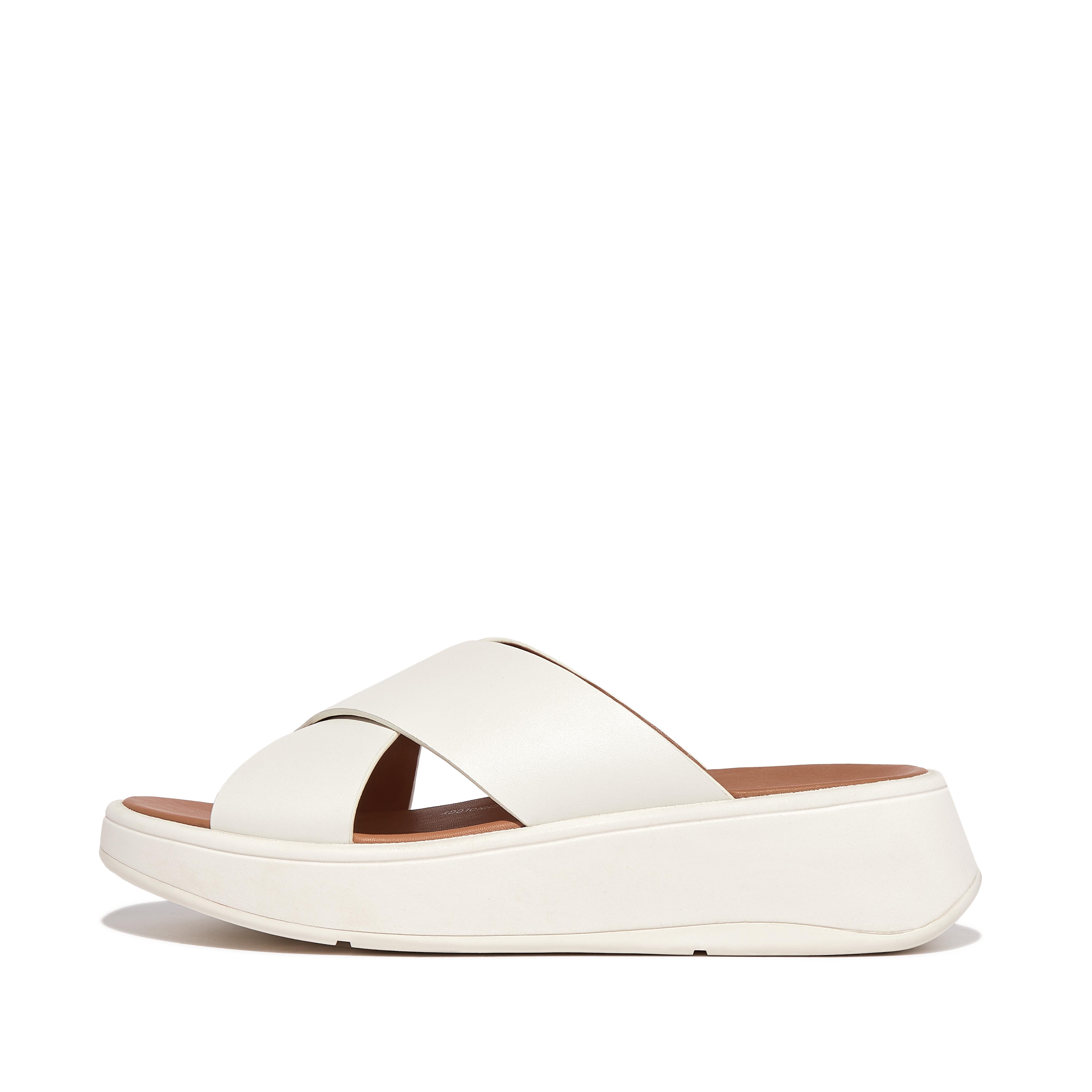 Women F-MODE Leather Flatform Cross Slides, Full Price