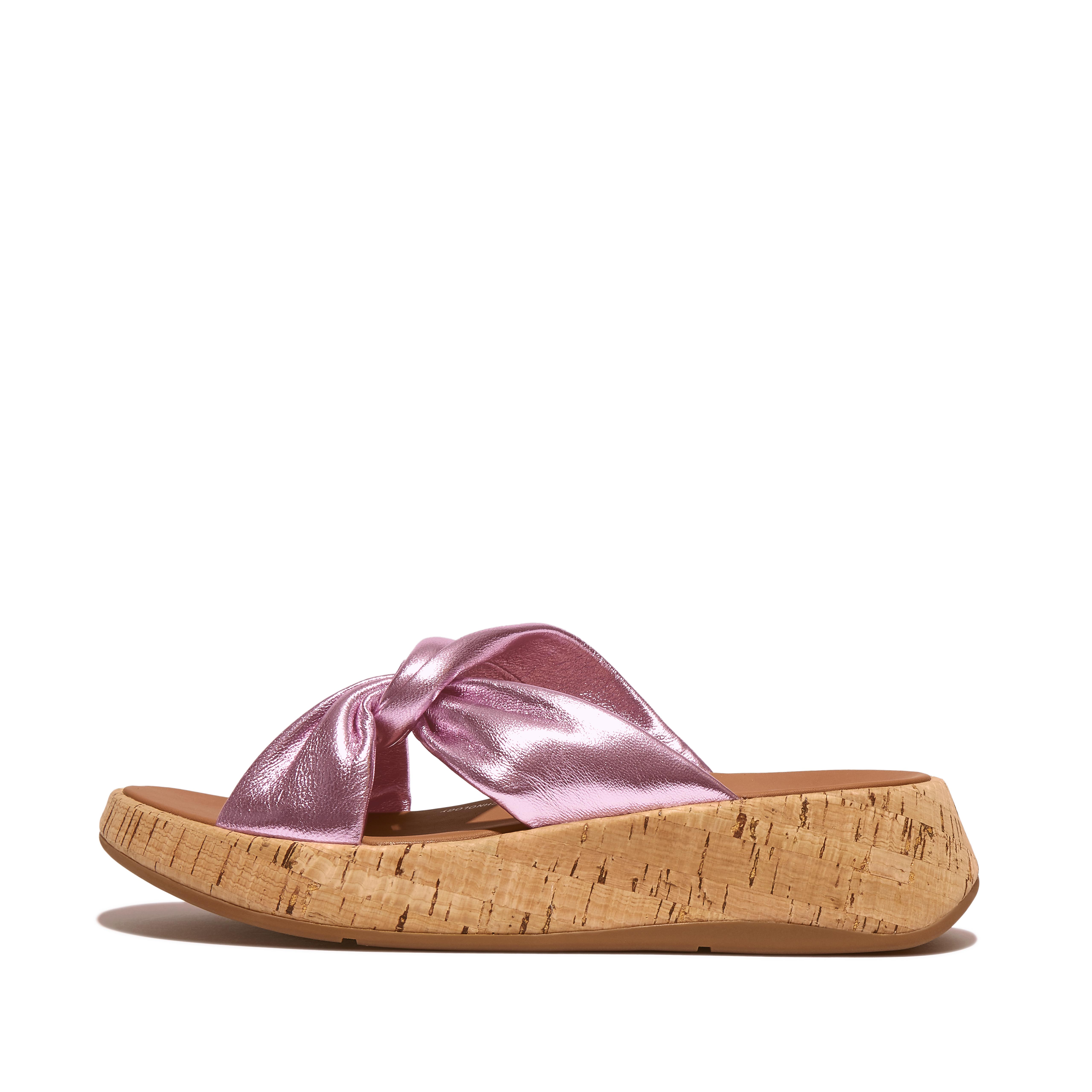 Women F-MODE Metallic Leather-Twist Flatform Slides (Cork Wrap), Outlet