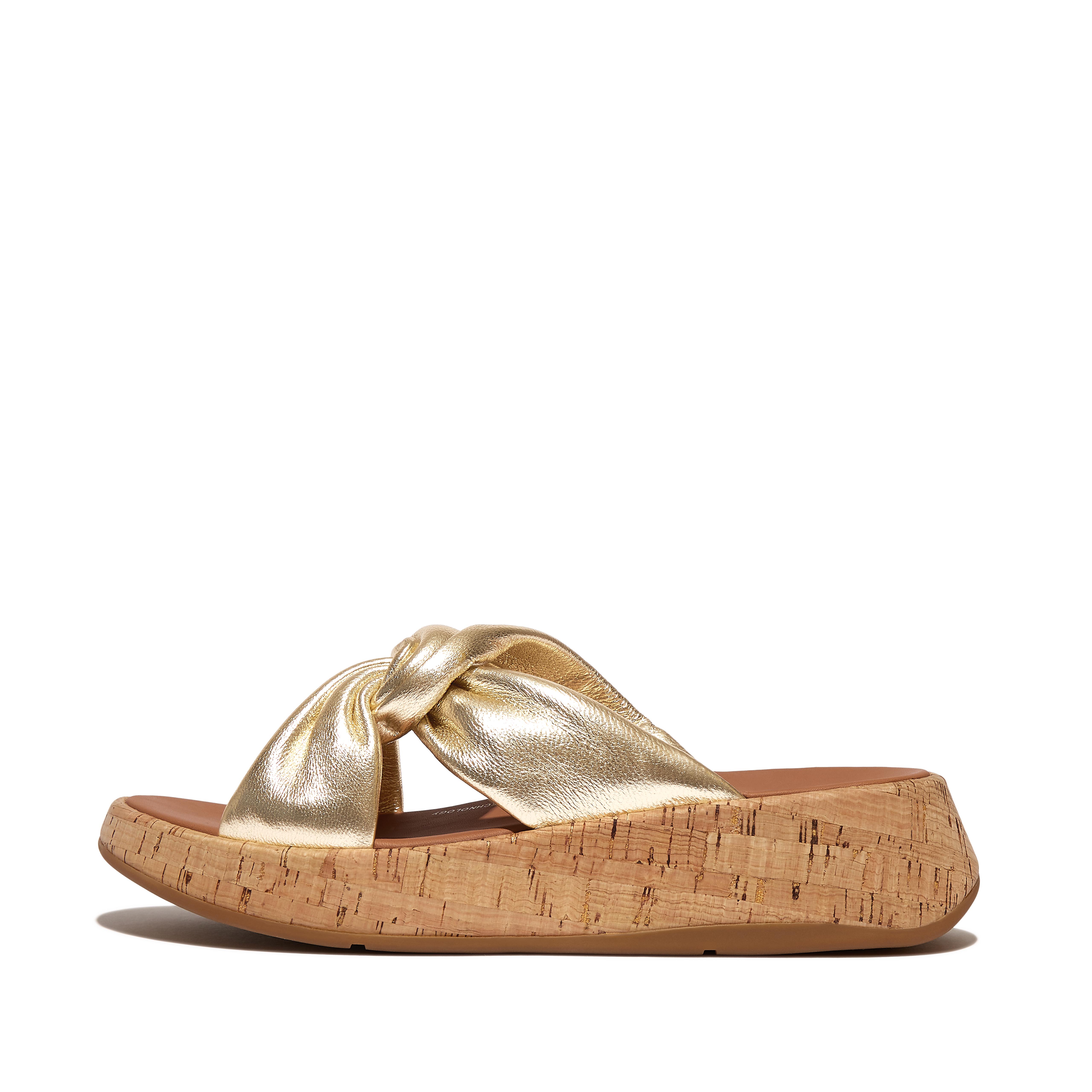 Women F-MODE Metallic Leather-Twist Flatform Slides (Cork Wrap), Outlet
