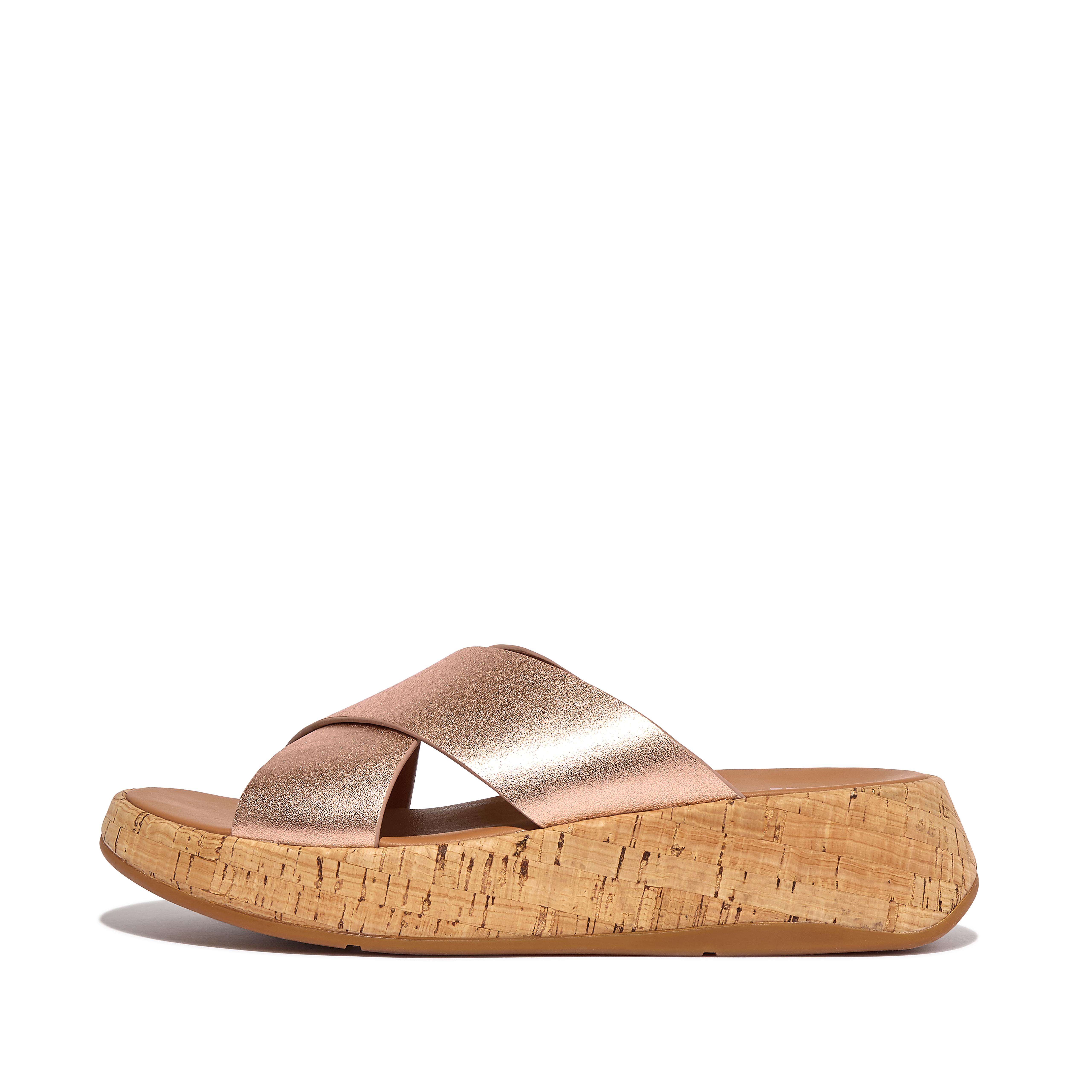 Women F-MODE Metallic Leather/Cork Flatform Cross Slides, Outlet