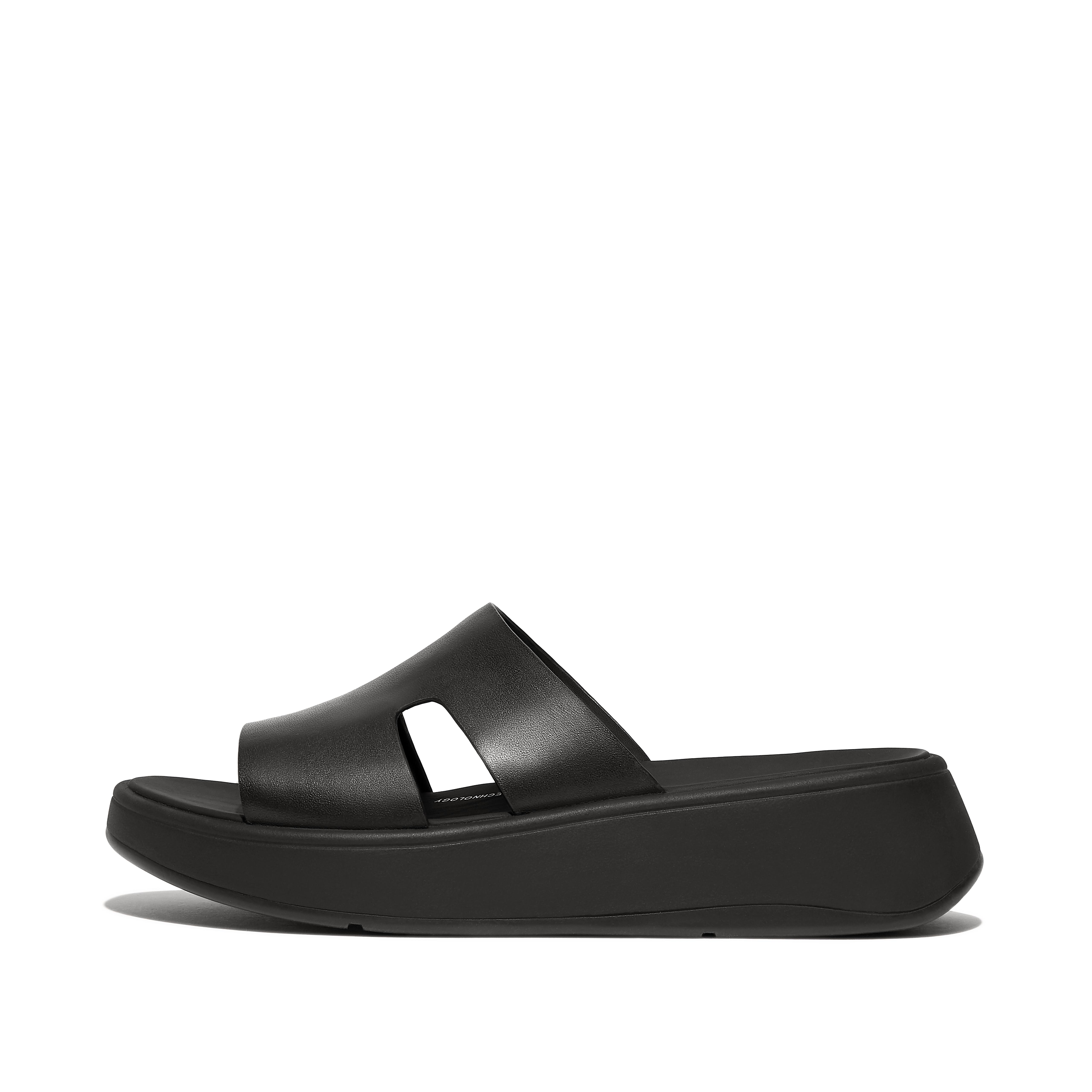 Fitflop Raw-Edge Leather Flatform H-Bar Slides,Black