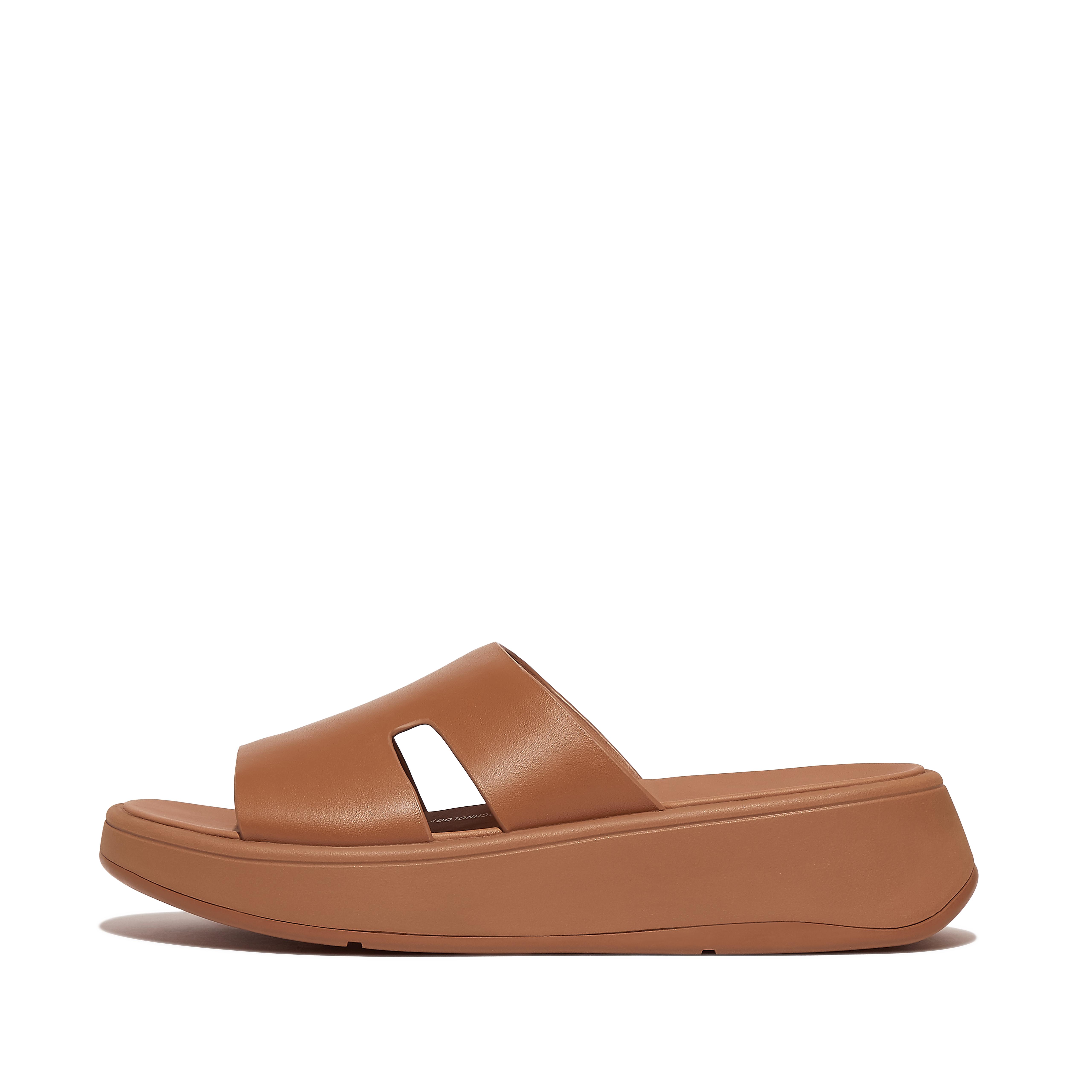 Women F-MODE Raw-Edge Leather Flatform H-Bar Slides, Outlet