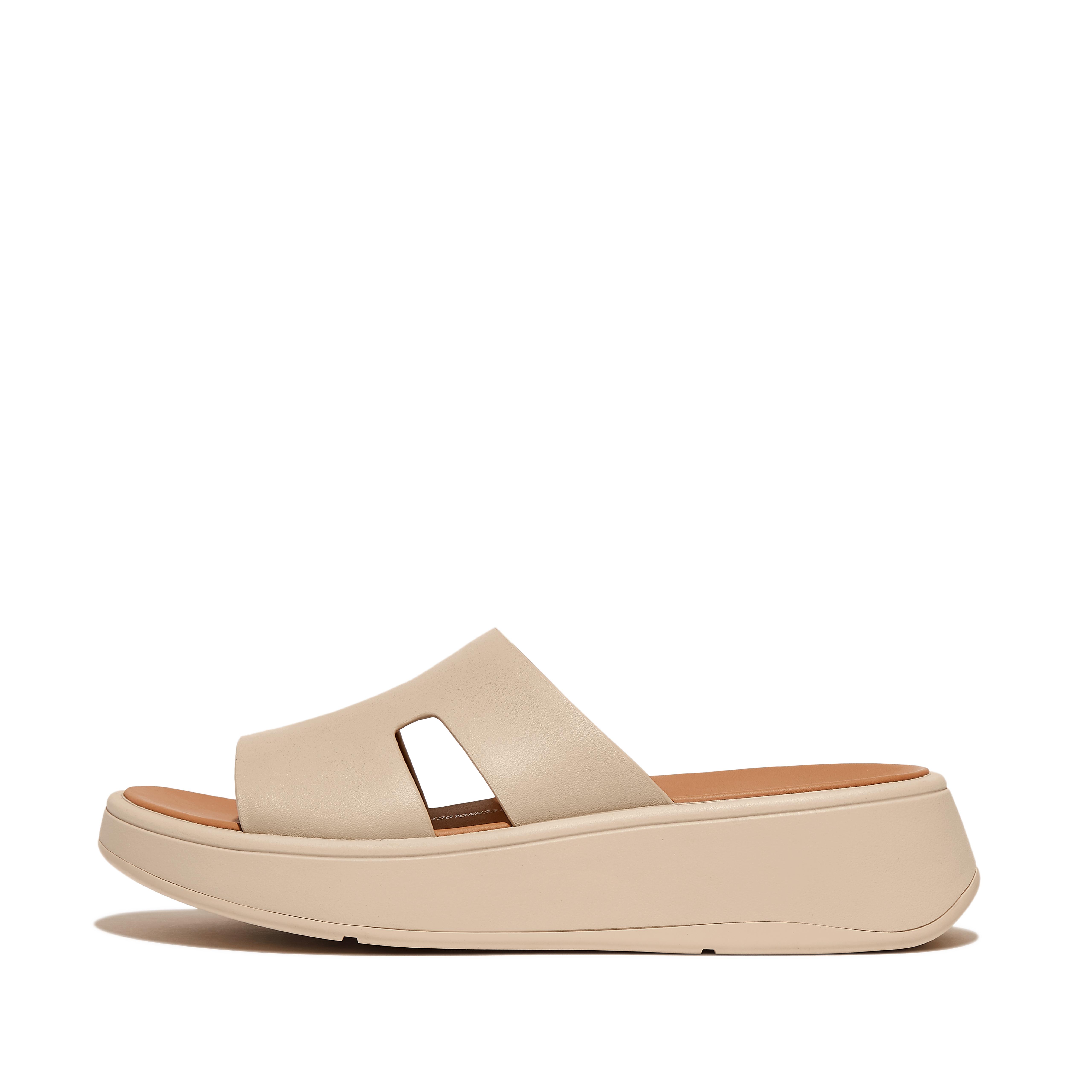 Women F-MODE Raw-Edge Leather Flatform H-Bar Slides, Outlet