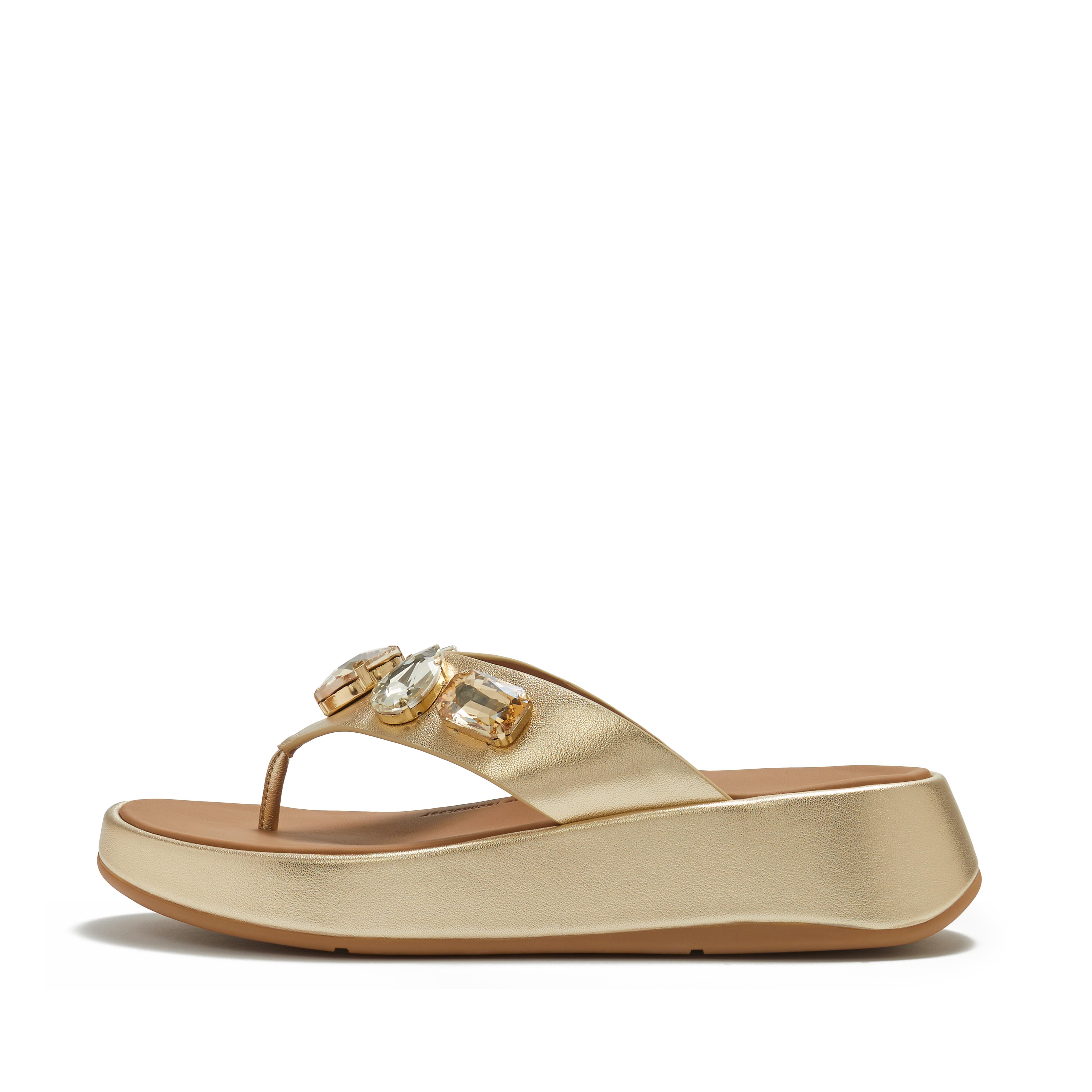 FitFlop F-MODE Ultra-Jewel Metallic-Leather Toe-Post Sandals, Full Price, Platino, Size: US 8.5