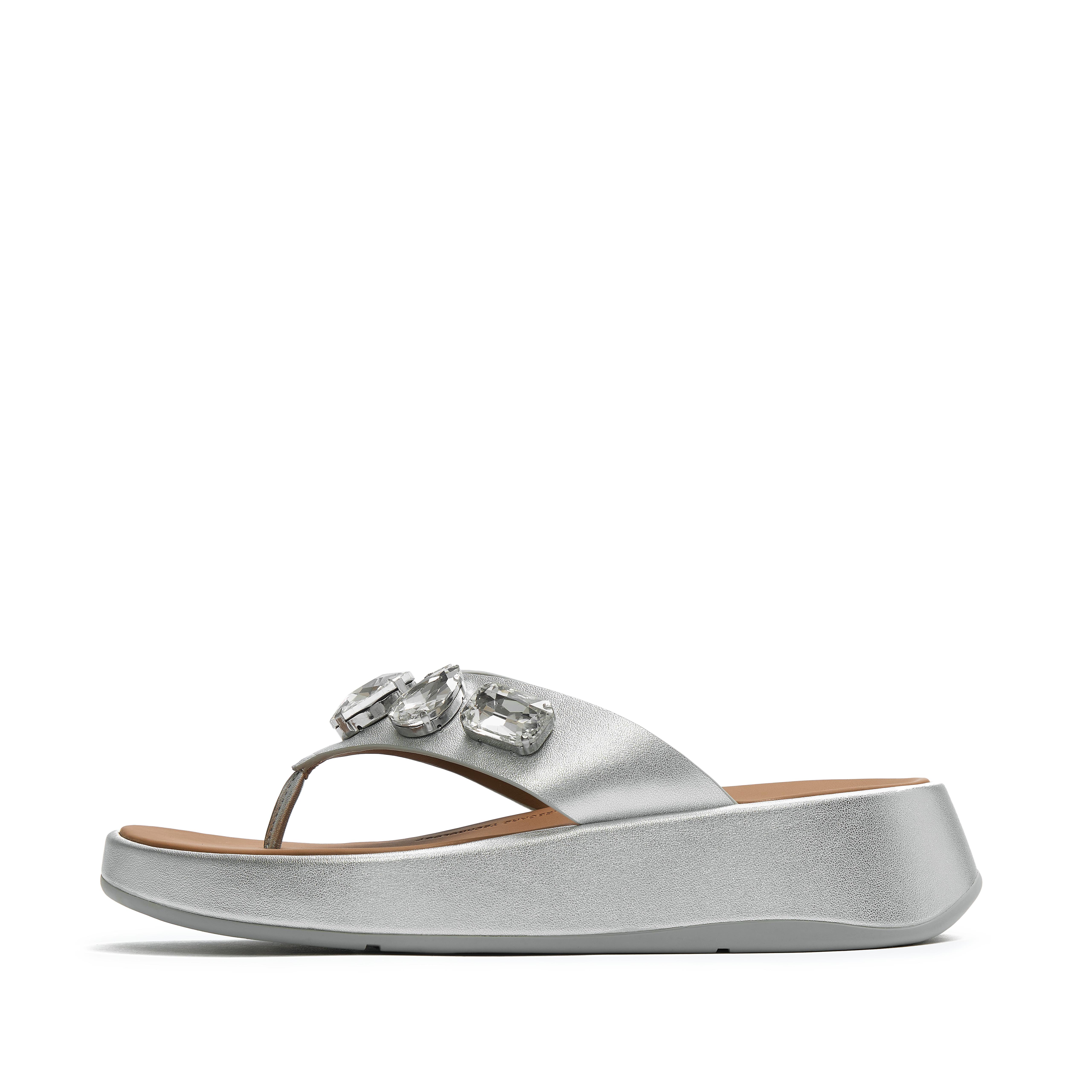 FitFlop F-MODE Ultra-Jewel Metallic-Leather Toe-Post Sandals, Full Price, Silver, Size: US 7.5