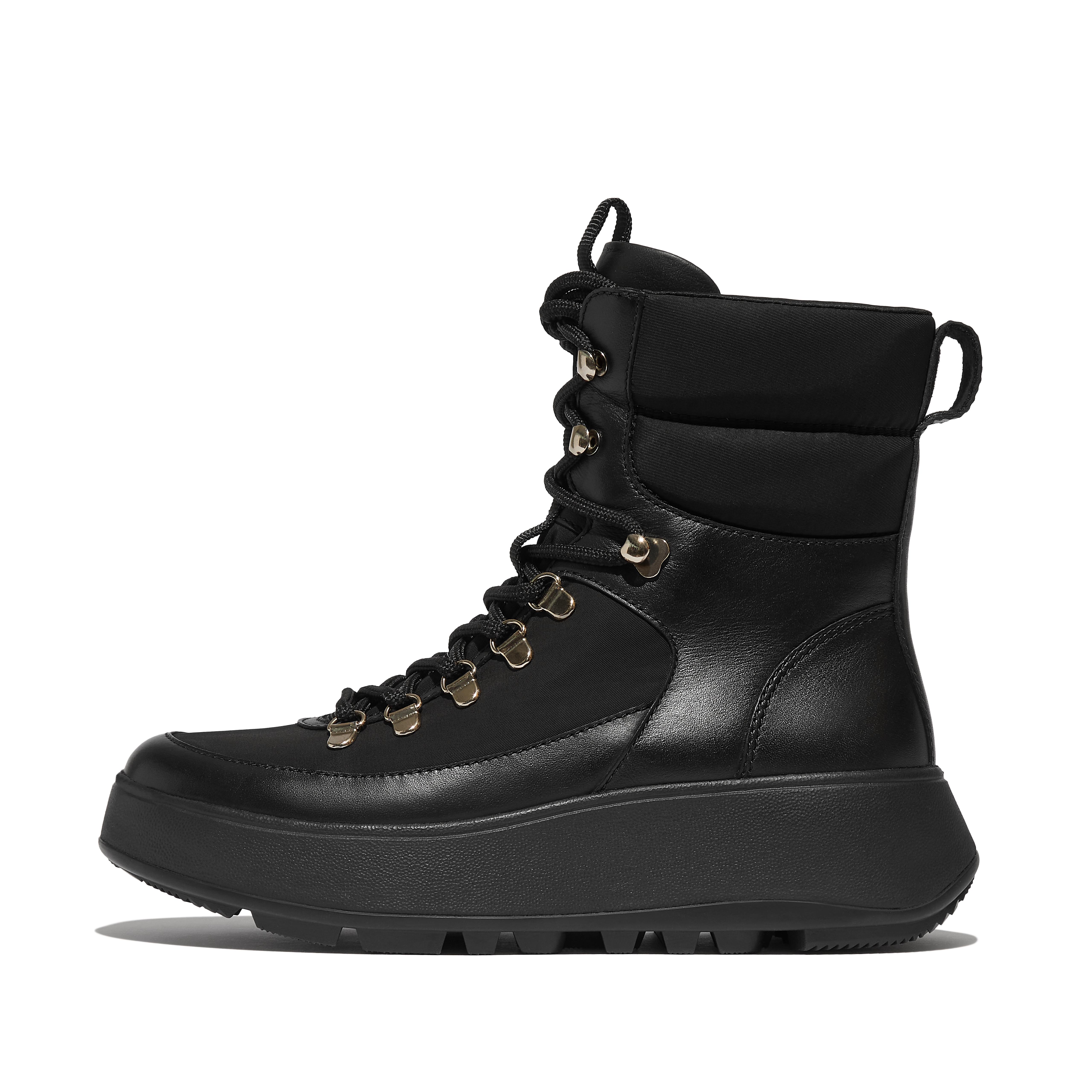 Women F-MODE Water-Resistant High-Tech Hiker-Lace Flatform Ankle Boots Leather/Polyester Mesh/Nylon Webbing