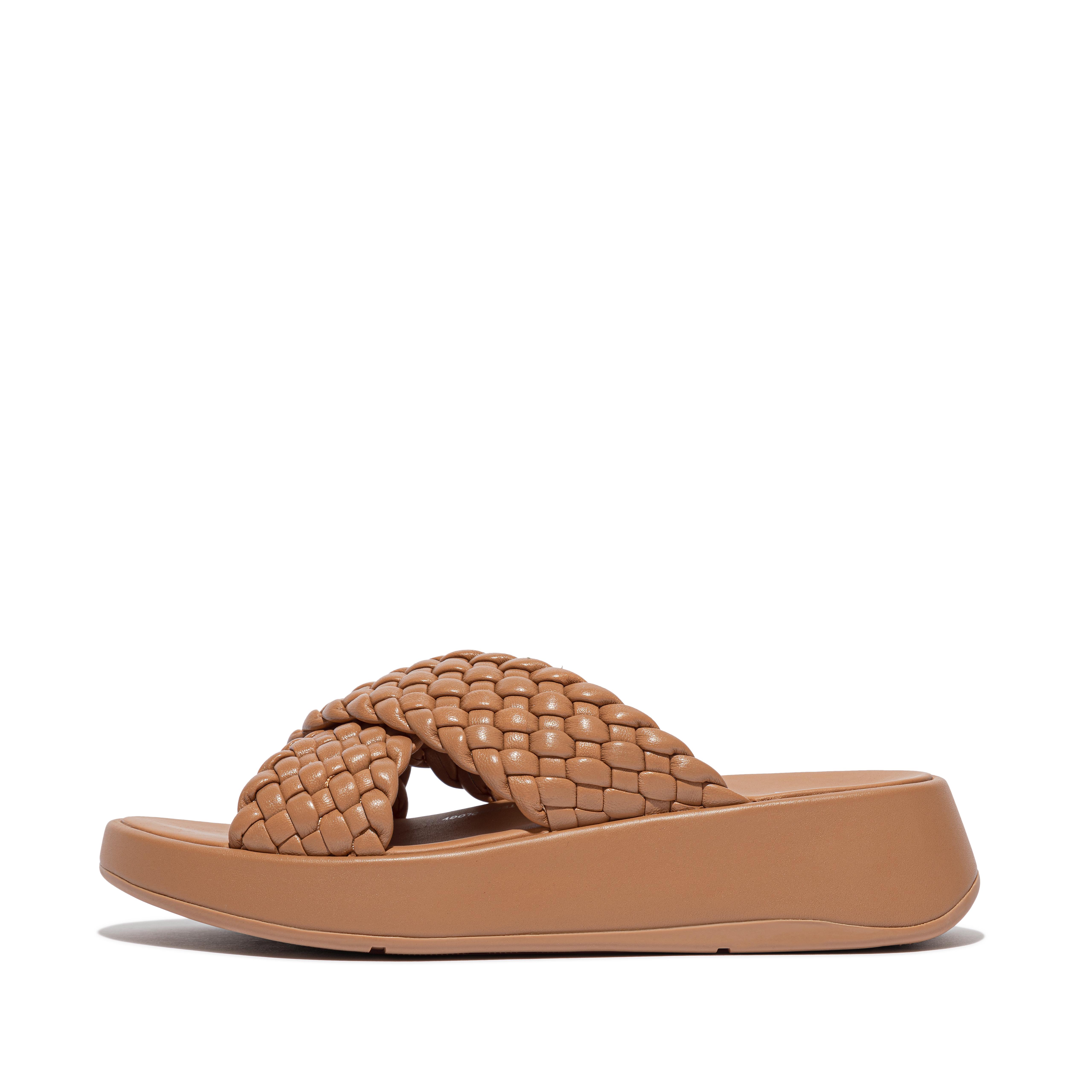 핏플랍 슬리퍼 Fitflop woven-leather flatform cross slides,Latte Tan