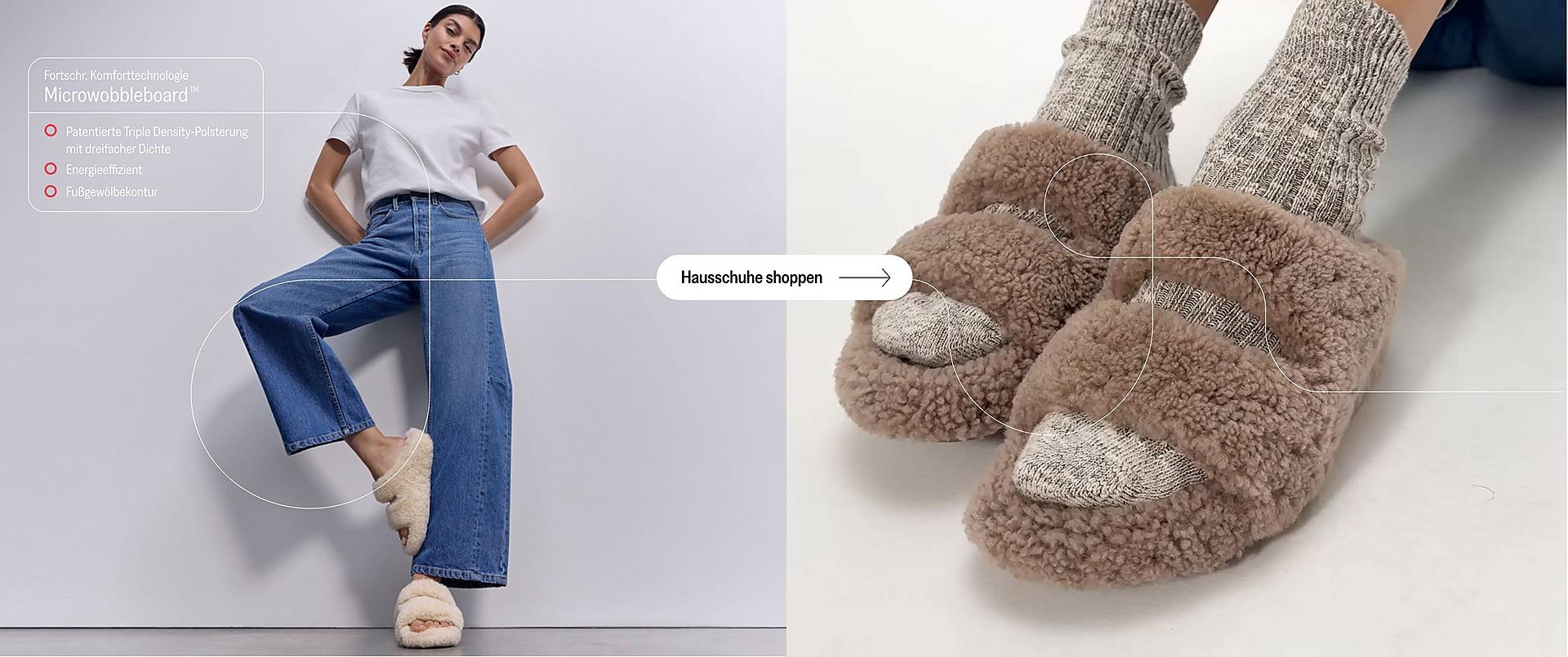 Frau trägt Shearling-Pantoletten mit zwei Riemen von FitFlop EU