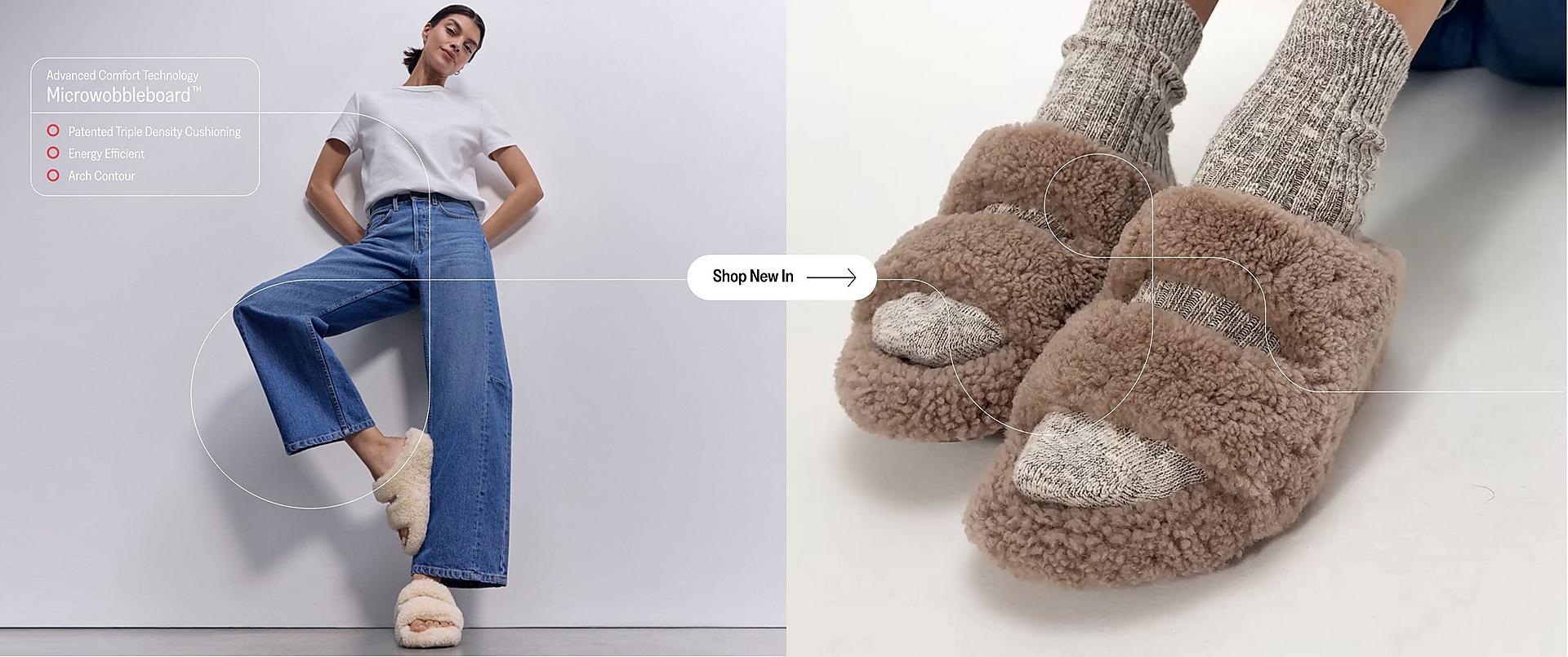 Woman Wearing Two-Bar Shearling Slide Slippers