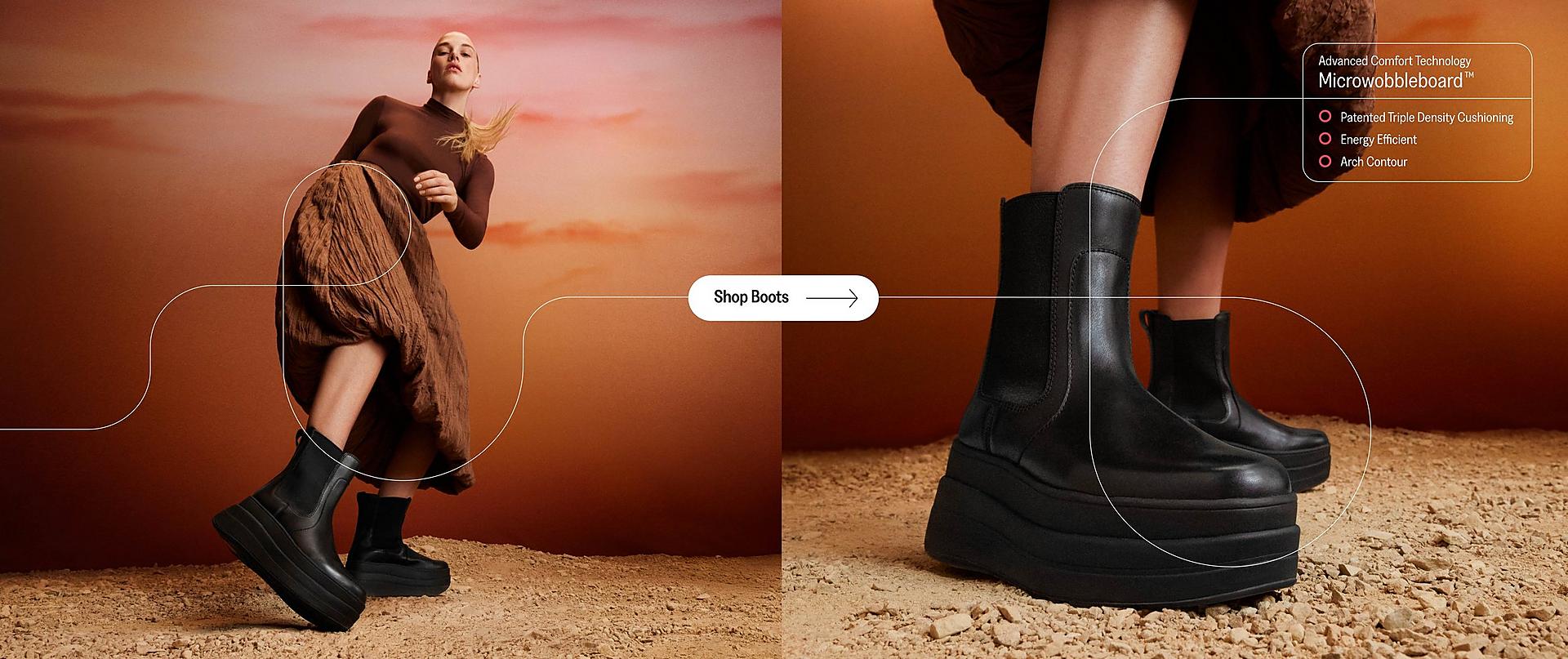 woman model wearing stack fmode boot from fitflop