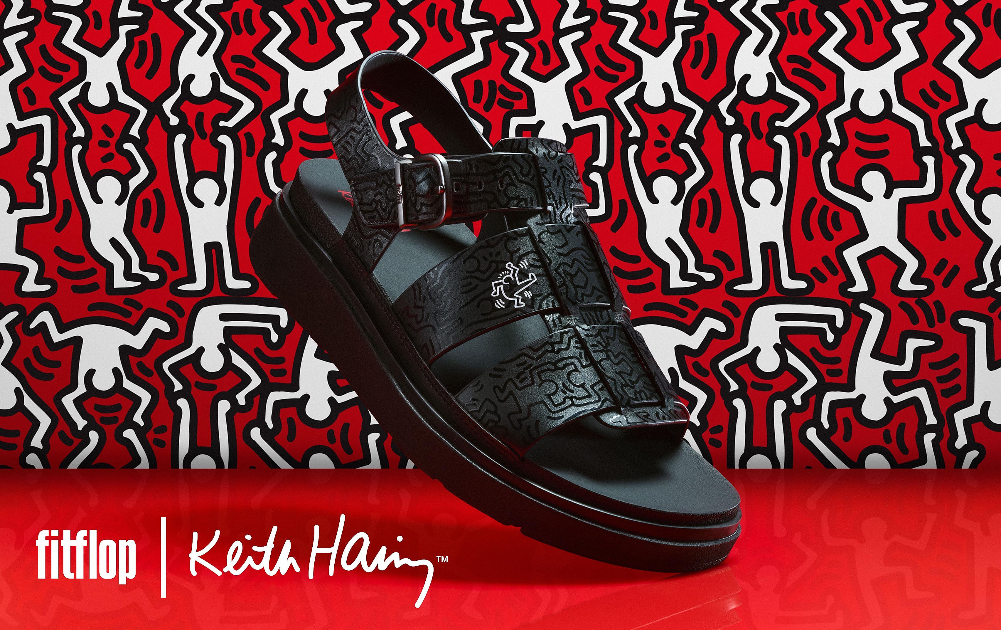Keith Haring X FitFlop Collaboration featuring GenFF Fisherman Sandals. Linking to Category