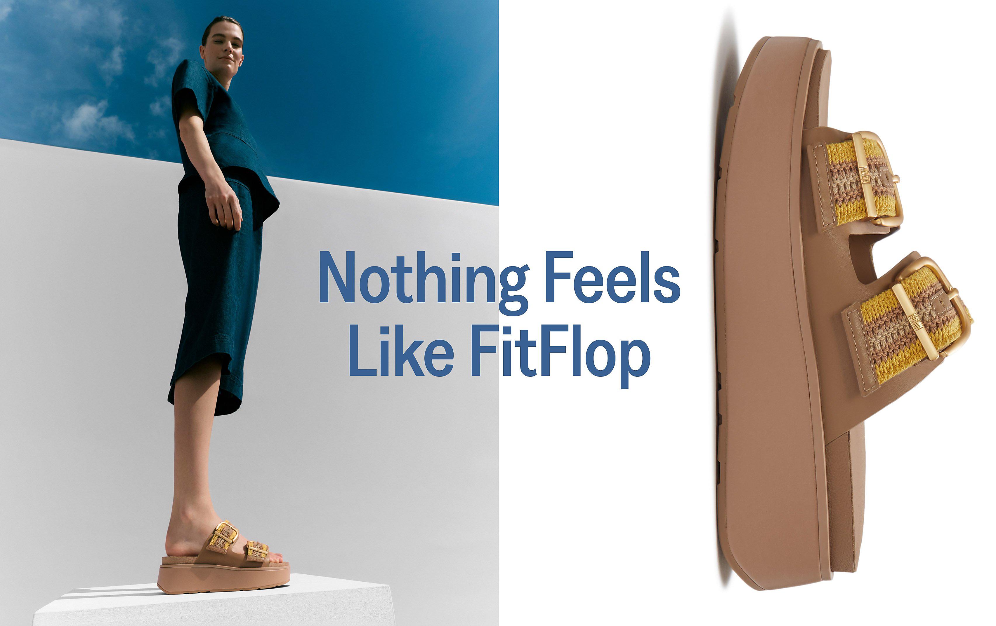 woman wearing PLATFFORMS Suede Heeled Mules from FitFlop