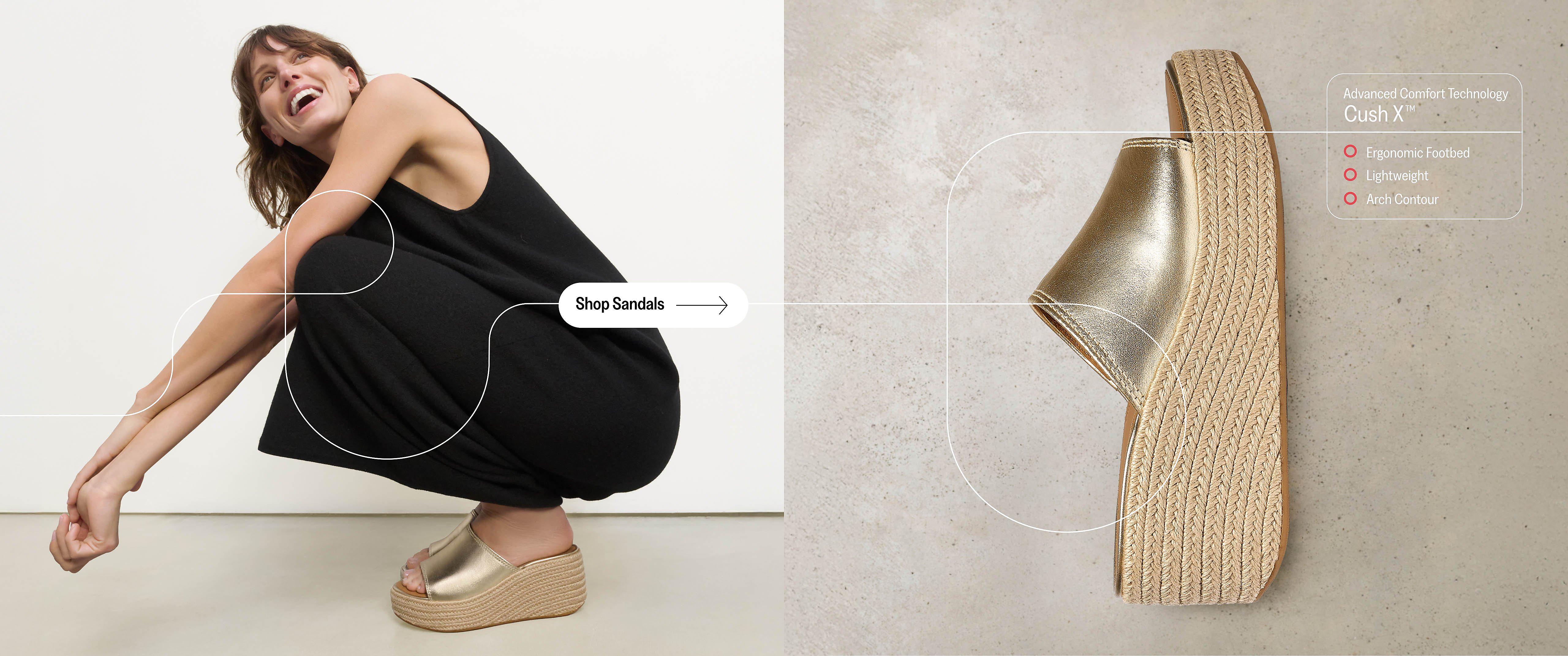 Woman wearing black dress with CushX Espadrille Sandals From FitFlop UK