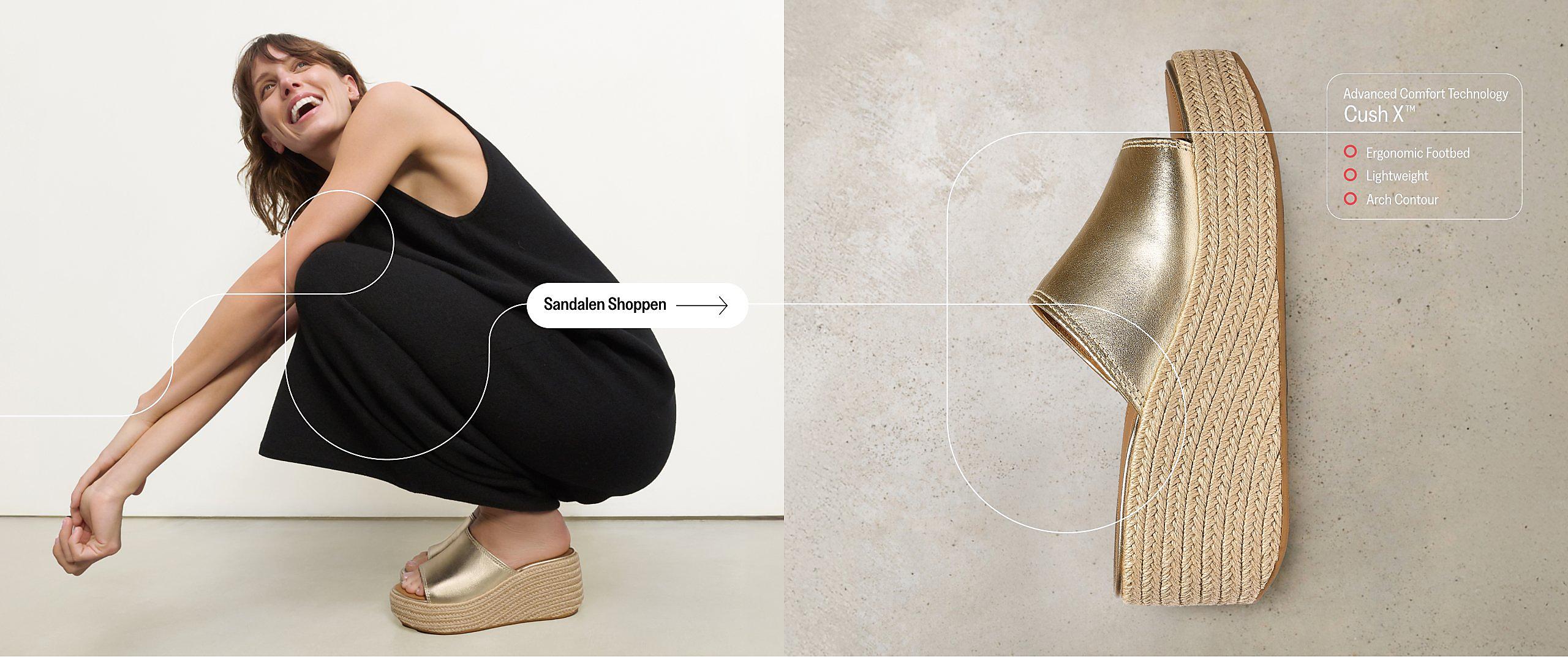 Frau trägt schwarzes Kleid mit CushX Espadrille Sandalen von-  FitFlop EU