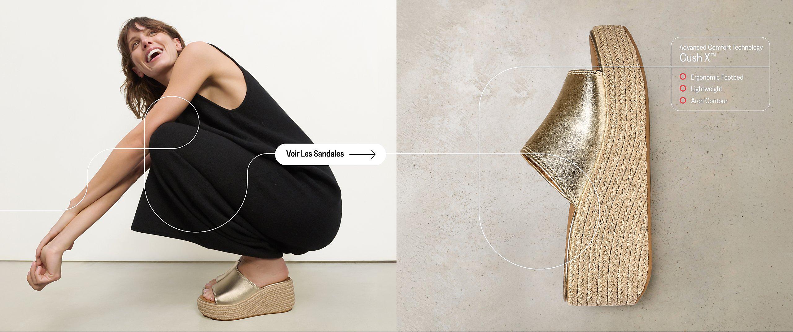 Femme portant une robe noire avec des sandales espadrilles Cush X FitFlop EU