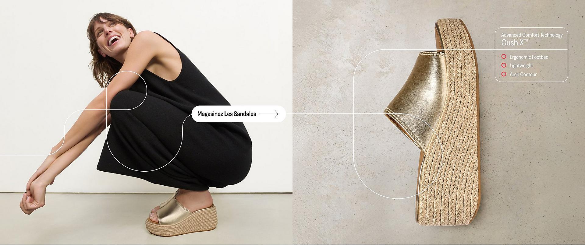 Femme portant une robe noire avec des sandales espadrilles Cush X FitFlop CA