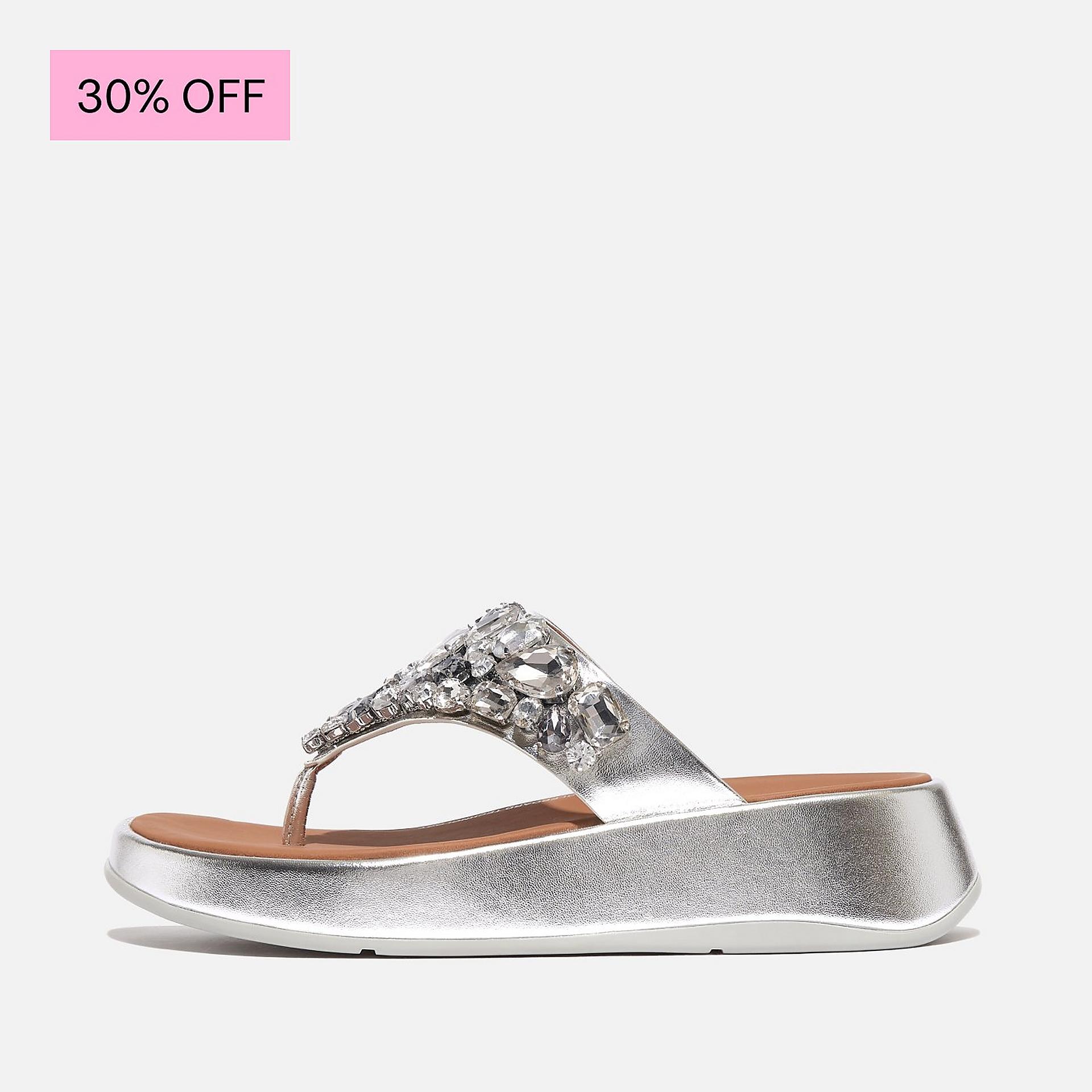 F-MODE Jewel-Deluxe Metallic-Leather Flatform Toe-Post Sandals