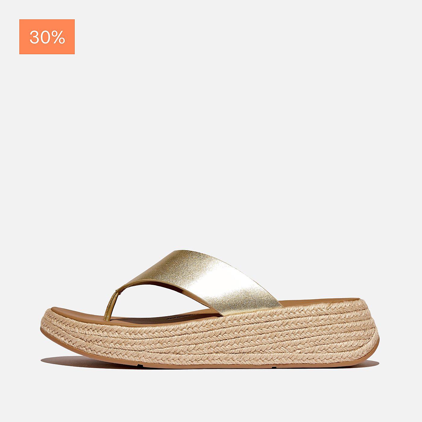 F-MODE Espadrille Metallic-Leather Flatform Toe-Post Sandals