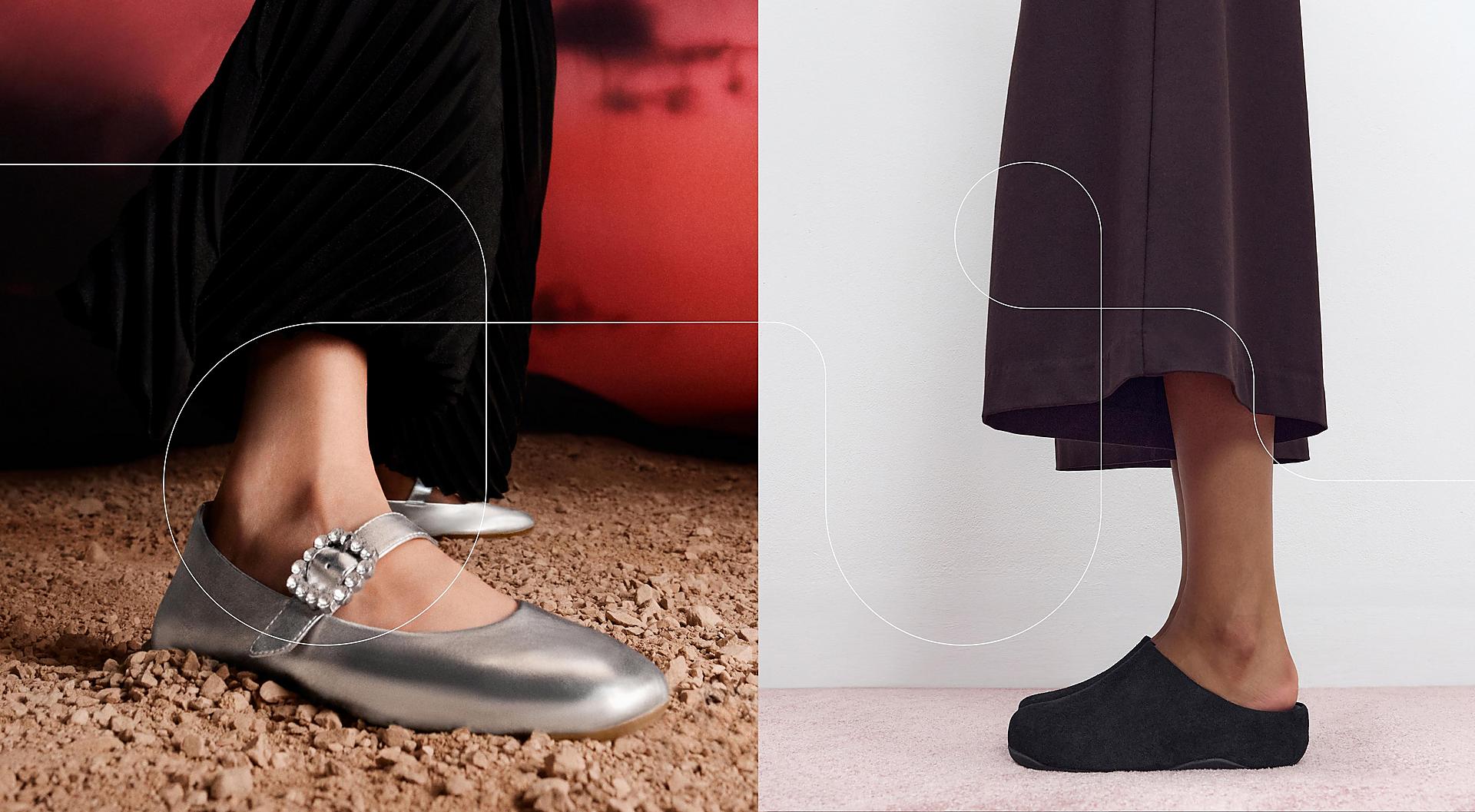 A model styling a pair of silver metallic mary jane style ballet flats.