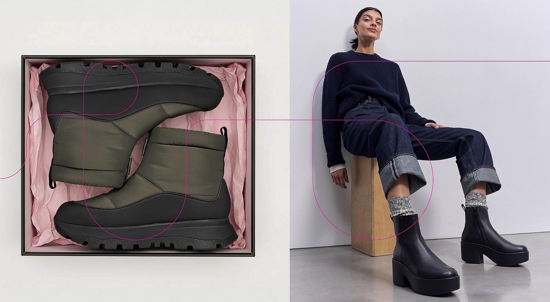 A gift box with a pair of olive green and black waterproof boots from FitFlop.