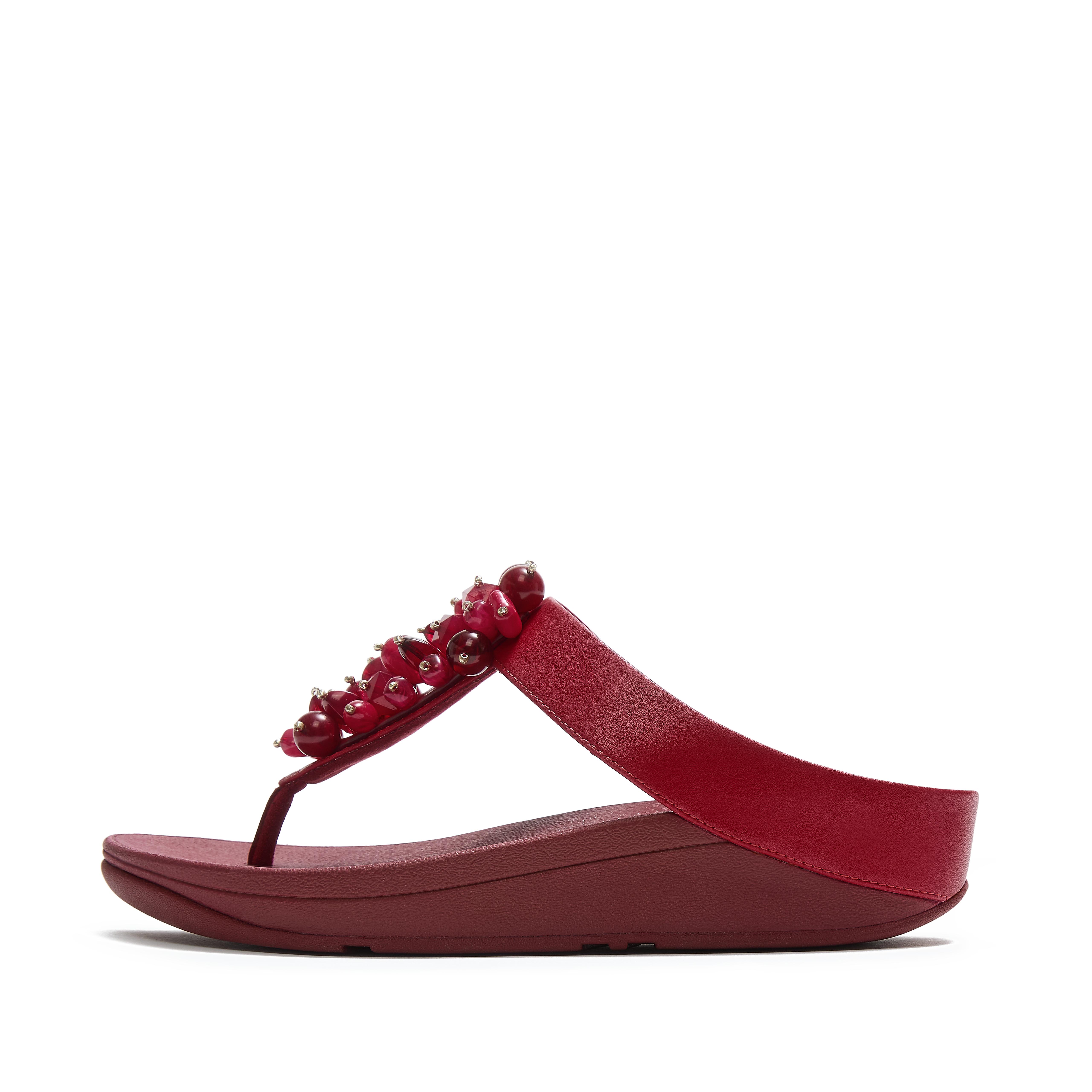 FitFlop FINO Bead-Cluster Toe-Post Sandals Leather/Pu, Full Price, Berry, Size: US 7