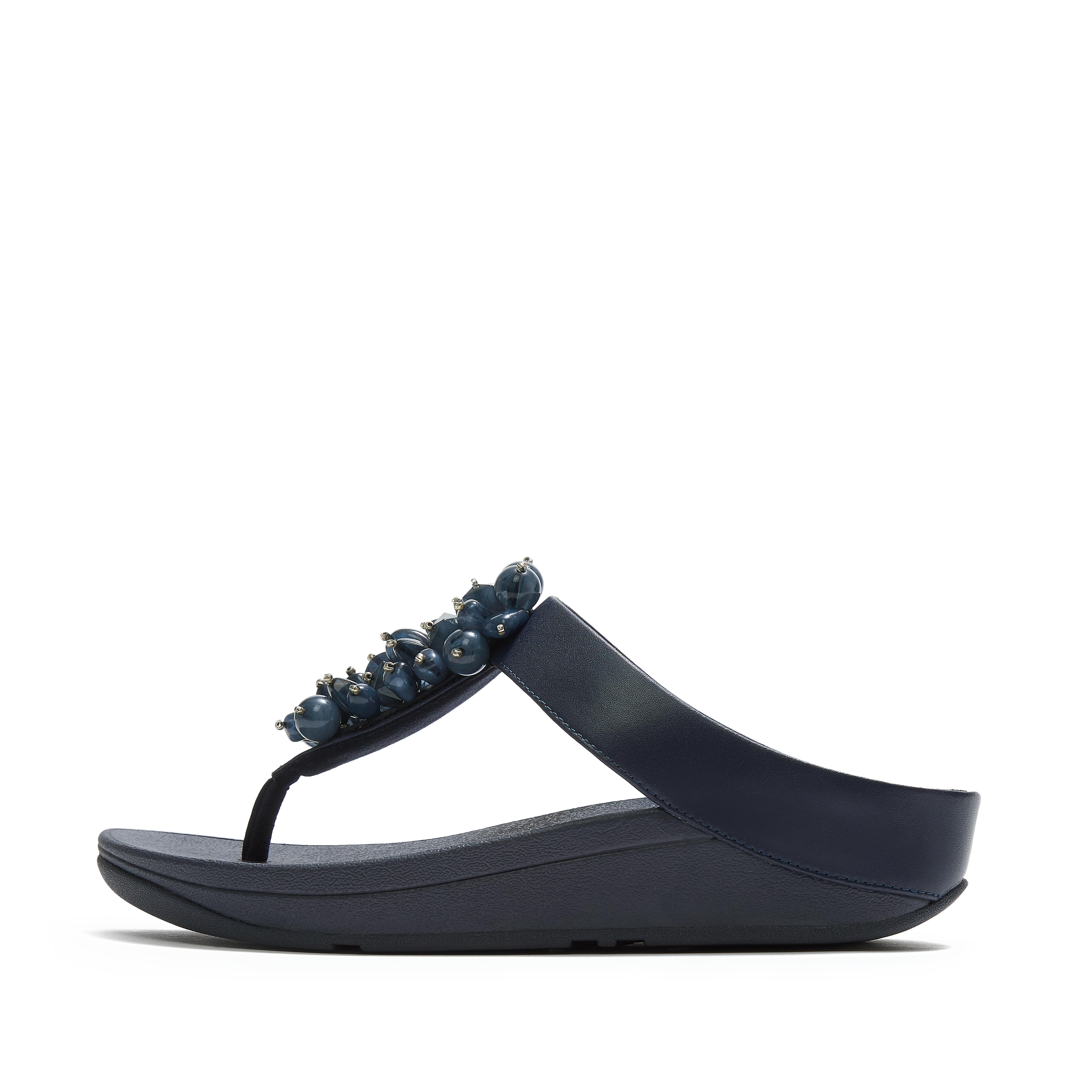 FitFlop FINO Bead-Cluster Toe-Post Sandals Leather/Pu, Full Price, Midnight Navy, Size: US 9