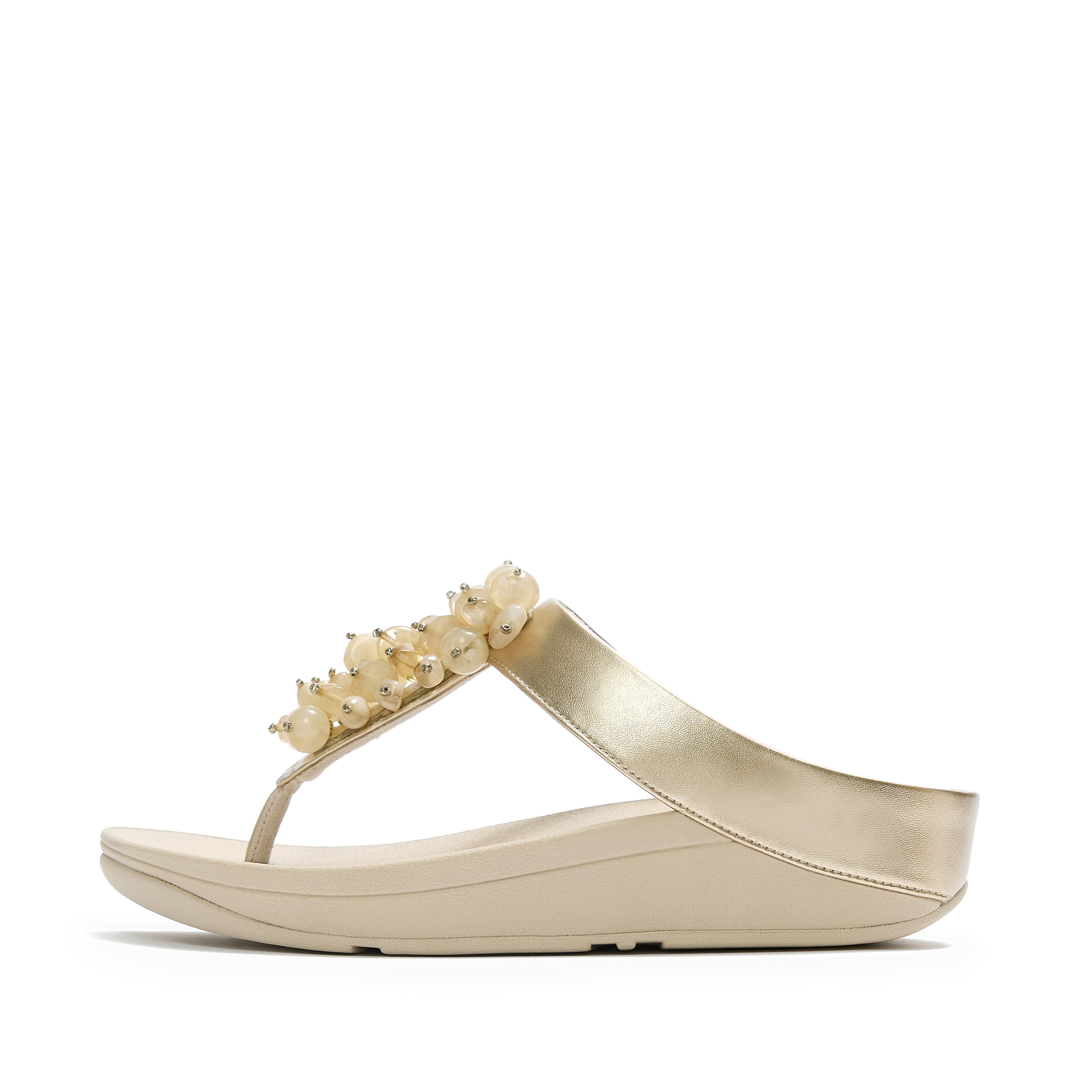 FitFlop FINO Bead-Cluster Metallic Toe-Post Sandals Leather/Pu, Full Price, Platino, Size: US 10