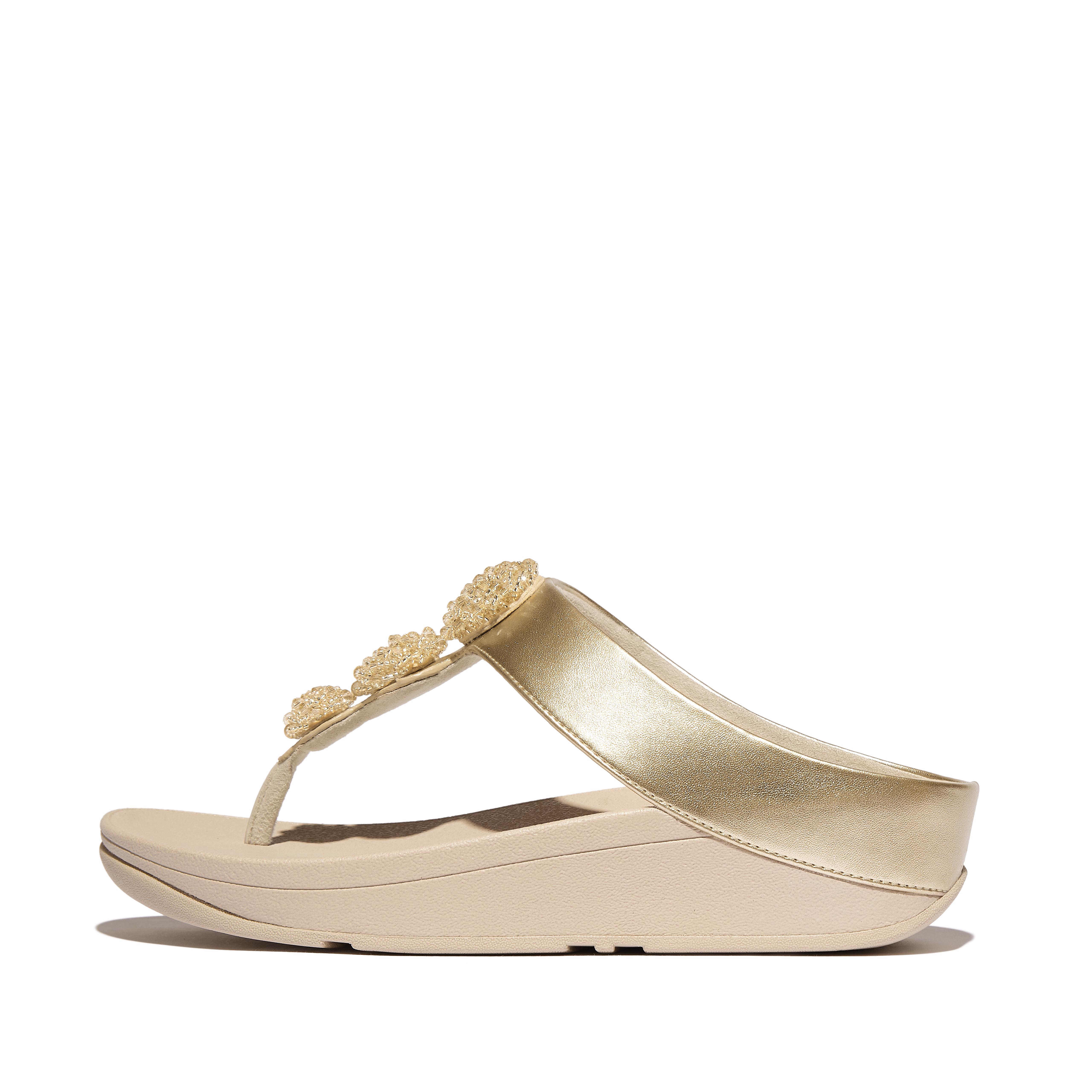 FitFlop FINO Beadie-Button Metallic Toe-Post Sandals Pu/Microfibre, Full Price, Platino, Size: US 7