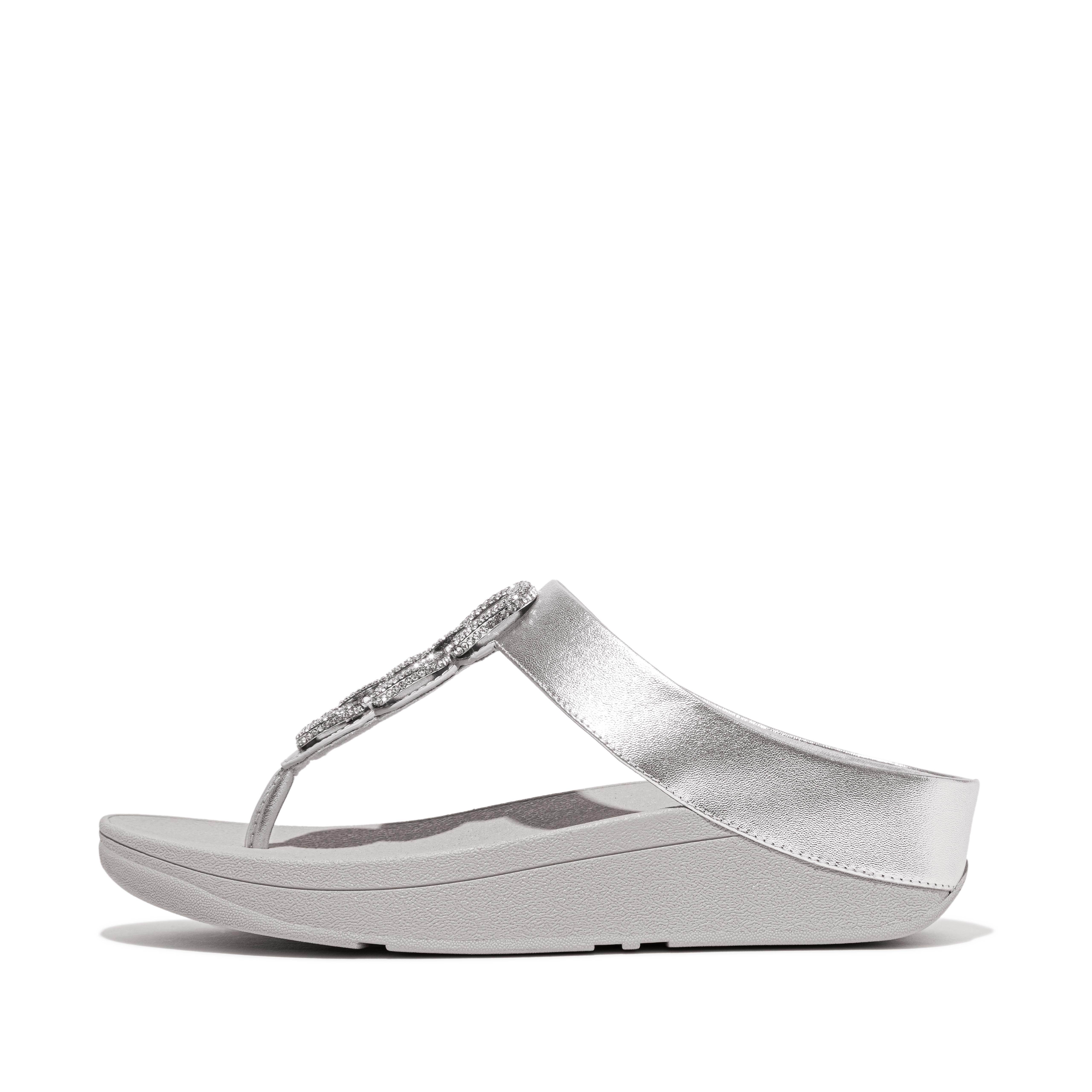 FitFlop FINO Crystal-Chain Metallic-Leather Toe-Post Sandals, Outlet, Silver, Size: US 11
