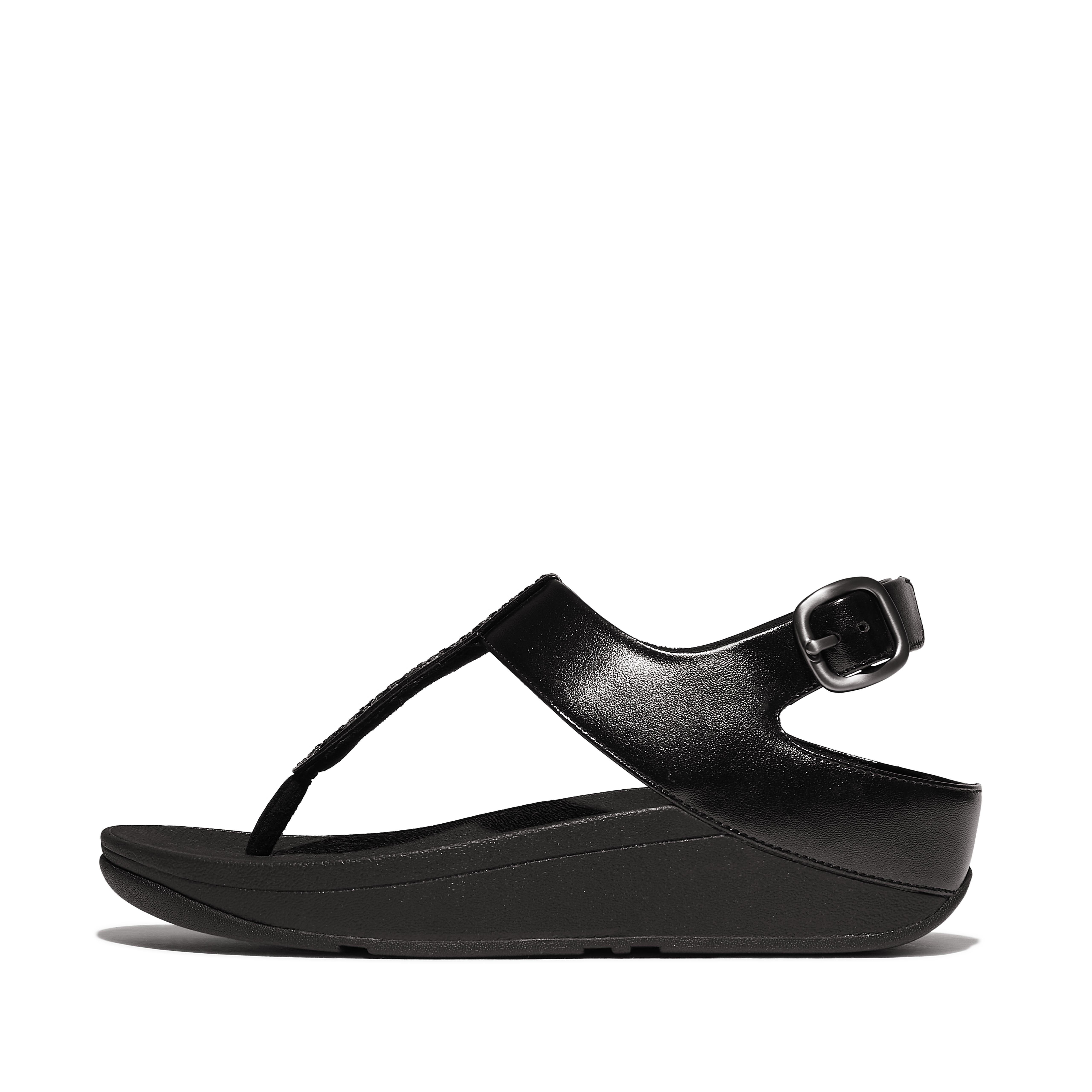 FitFlop FINO Crystal-Mix T-Strap Sandals Pu/Microfibre, Full Price, All Black, Size: US 10