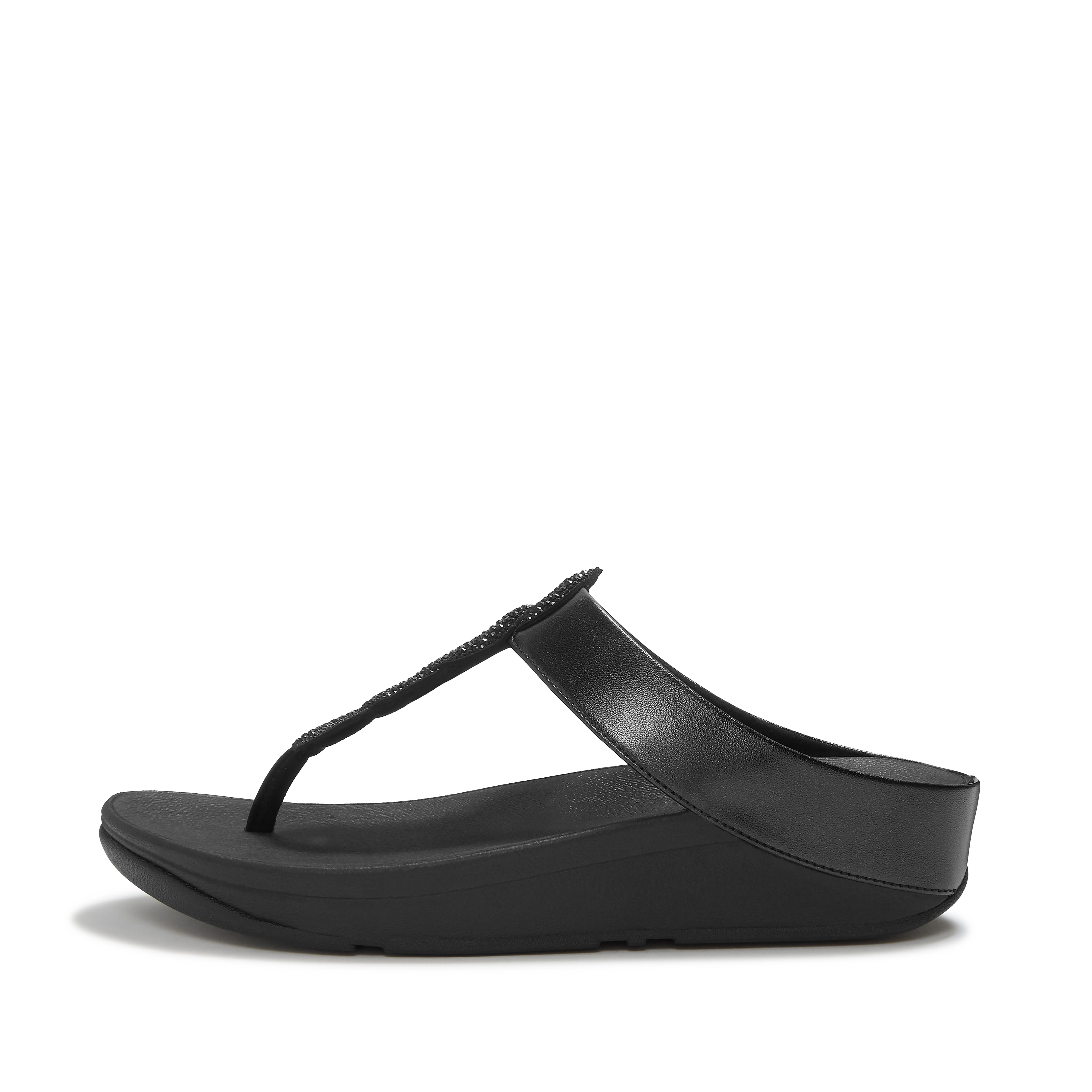 FitFlop FINO Crystal-Twist Toe-Post Sandals Leather/Pu, Full Price, All Black, Size: US 7