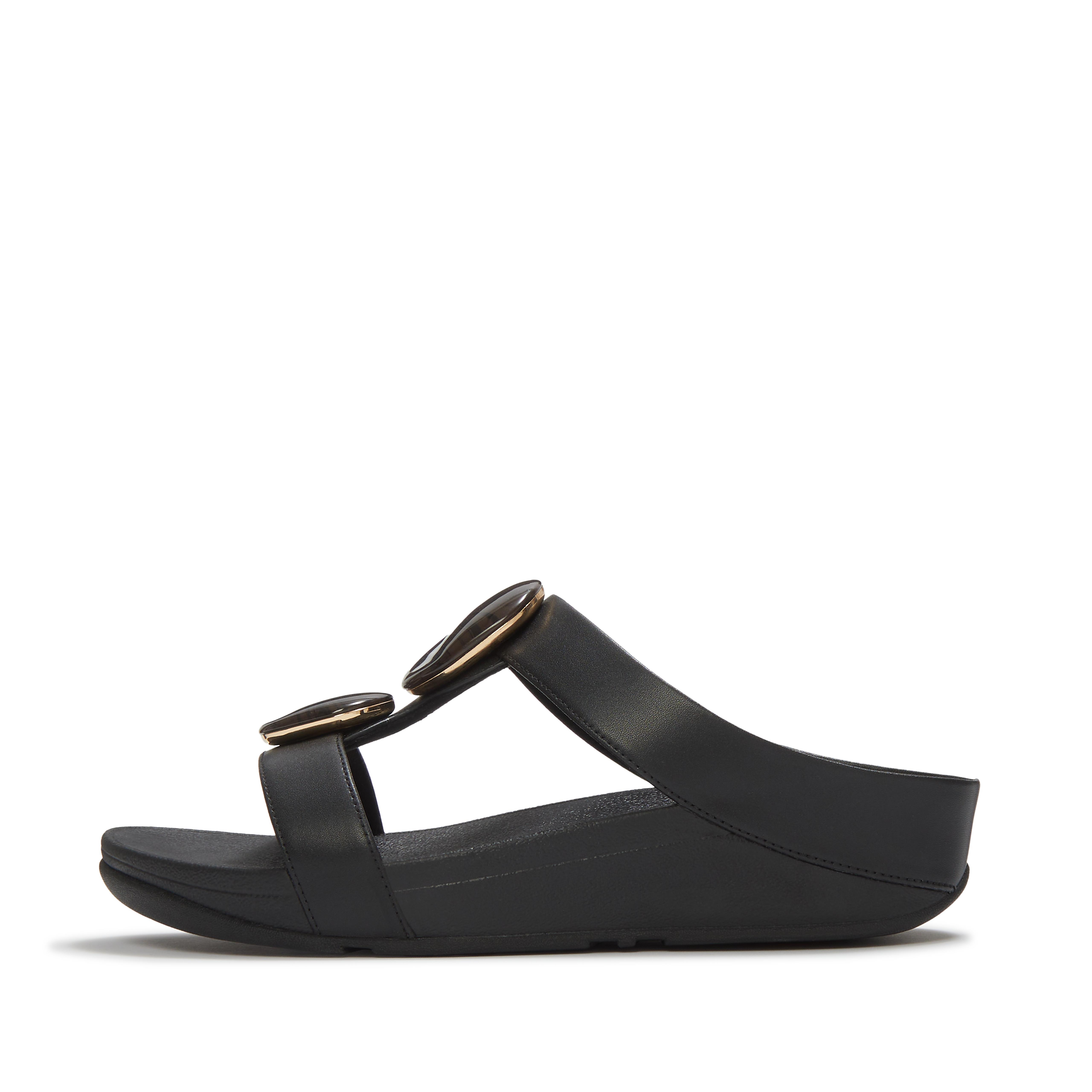 FitFlop FINO Marbled-Stone H-Bar Slides Leather/Pu, Full Price, Black, Size: US 6