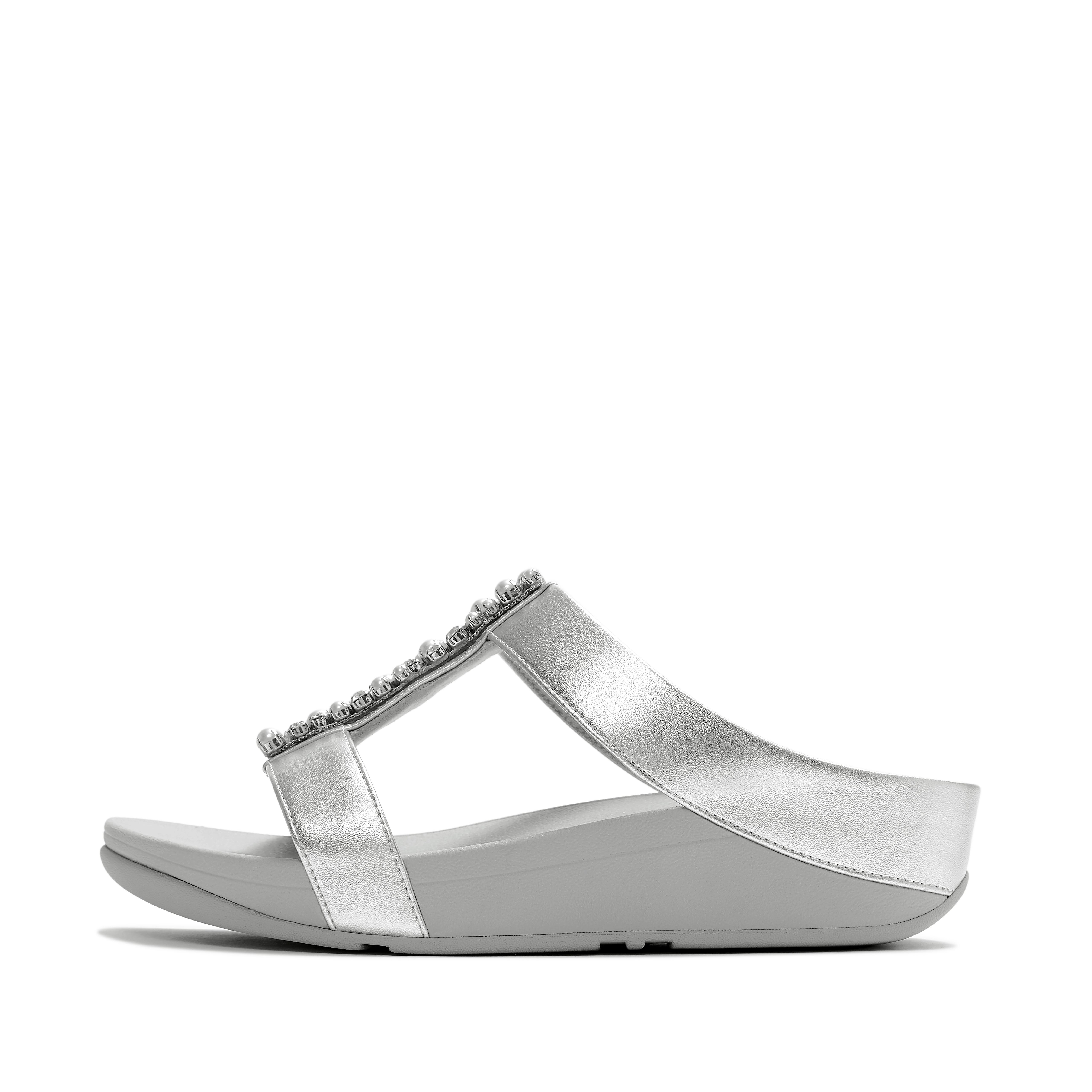 FitFlop FINO Pearls-And-Crystal Metallic H-Bar Slides Leather/Pu, Full Price, Silver, Size: US 9