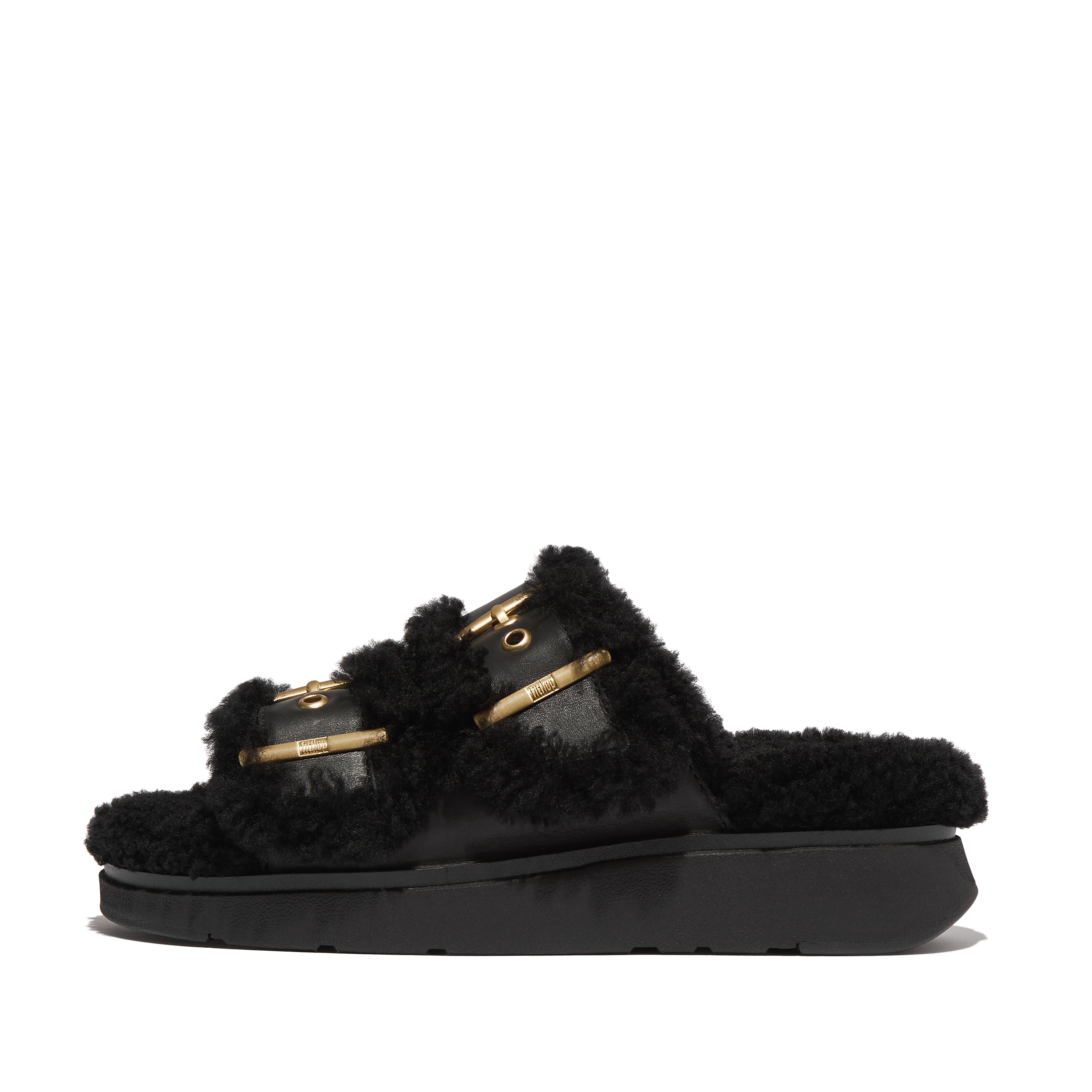 FitFlop GEN-FF Shearling Two-Bar Slides Leather/Shearling, Outlet, Black, Size: US 11