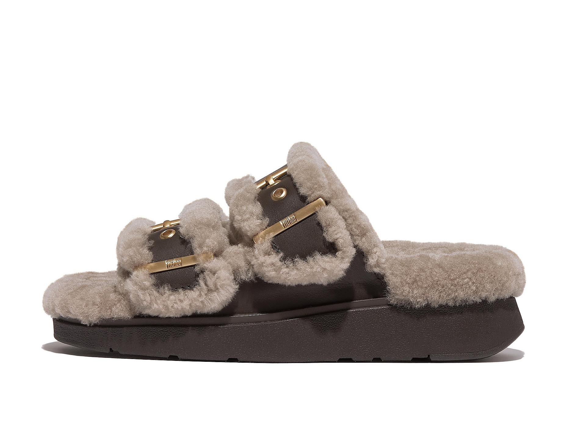 GEN-FF Buckle Two-Bar Curly-Shearling/Leather Slides