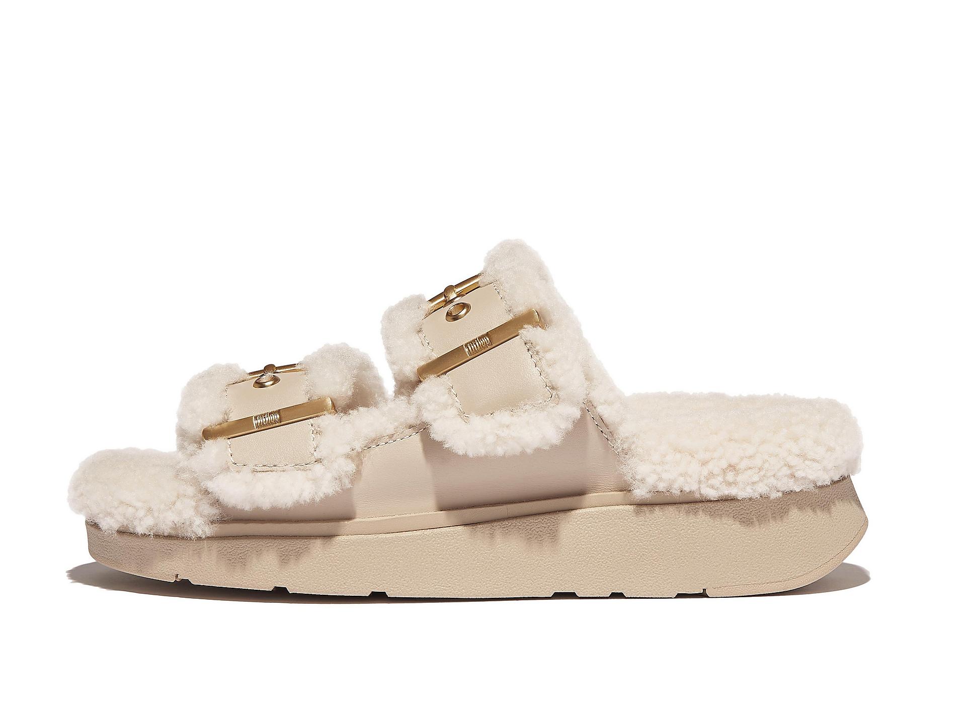 GEN-FF Buckle Two-Bar Curly-Shearling/Leather Slides