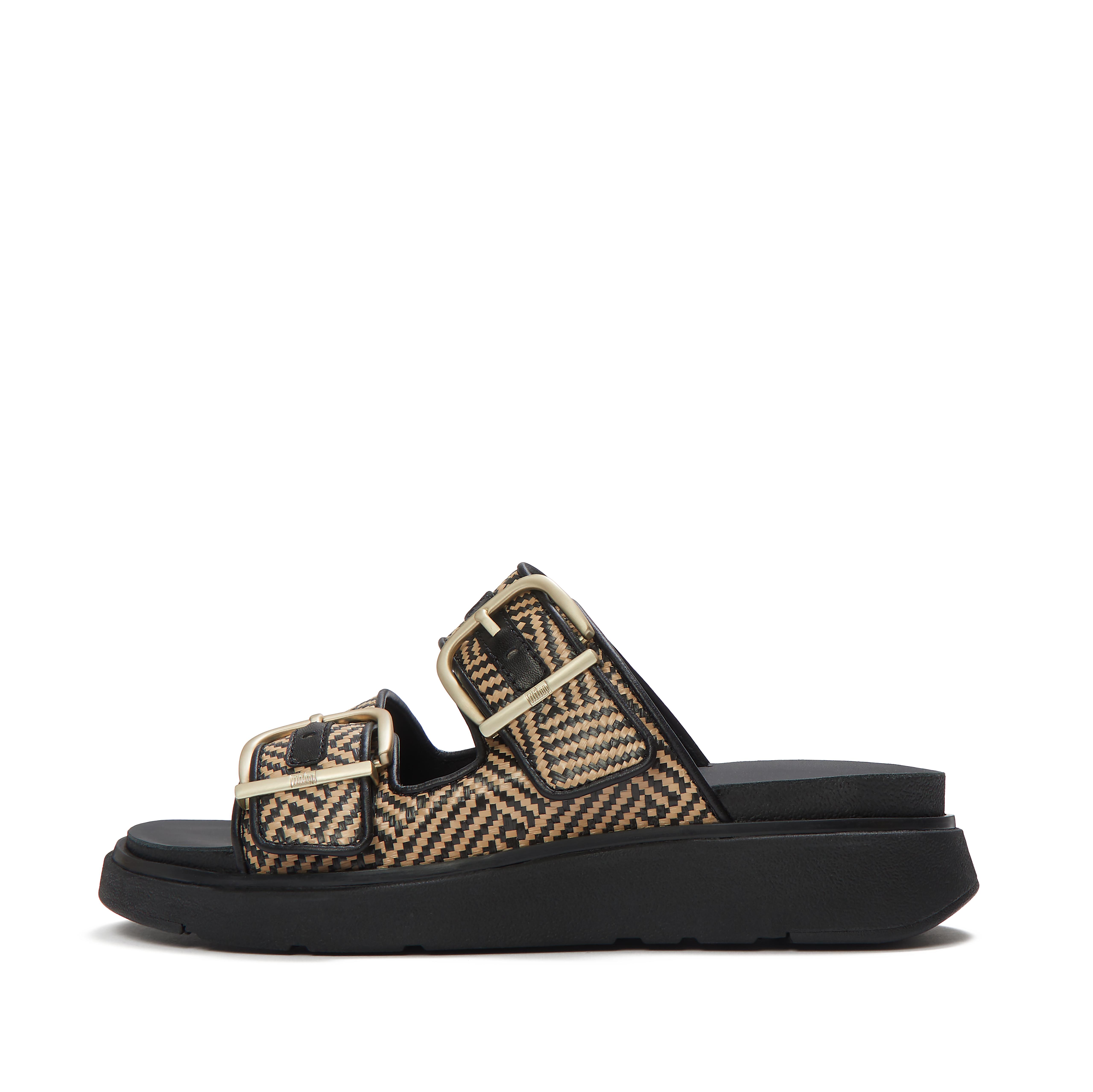 Fit Flop  Gen-Ff Buckle Graphic-Weave Two-Bar Slides Black Leather/Poly in Women's size 6.5