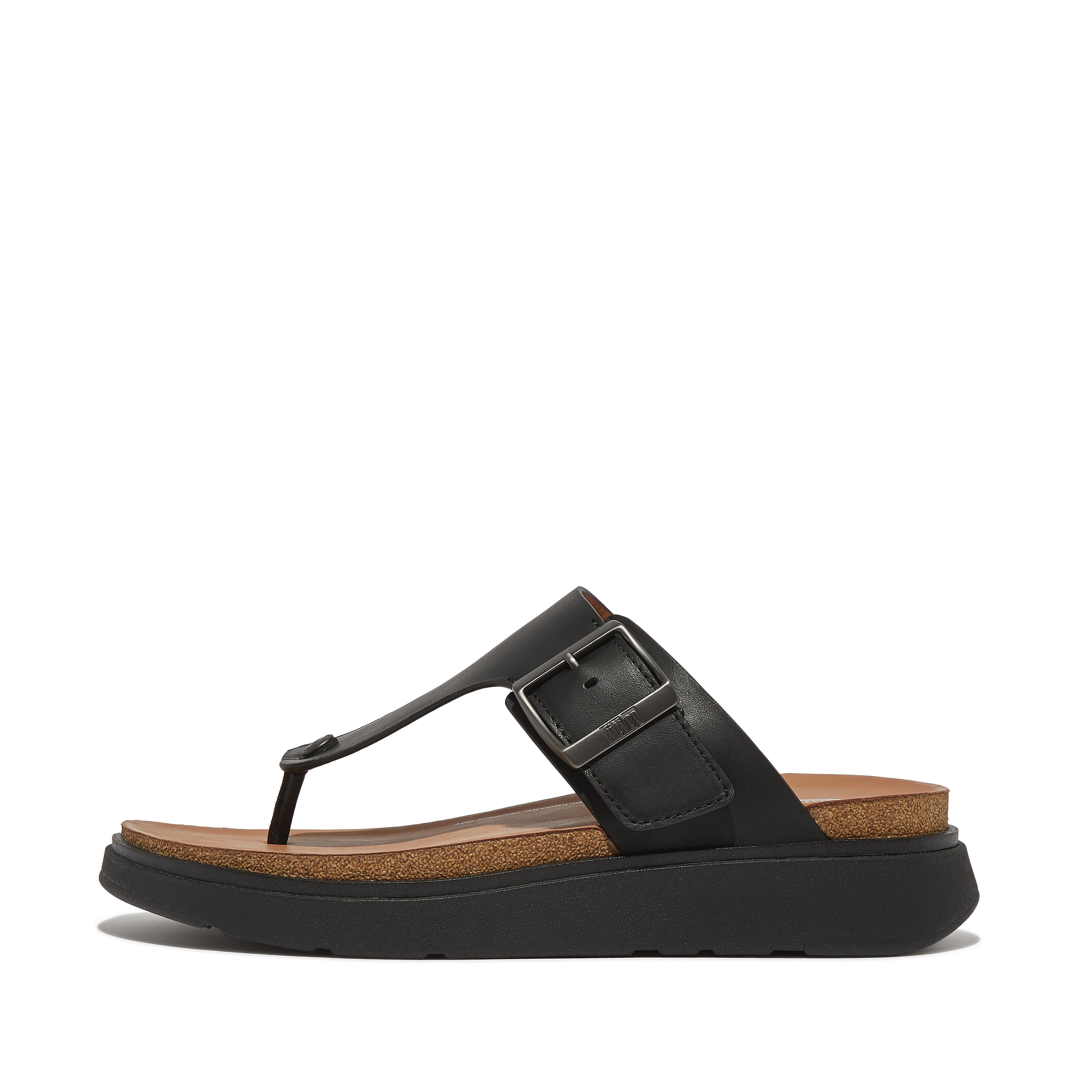 핏플랍 Fitflop Buckle Leather Toe-Post Sandals,Black